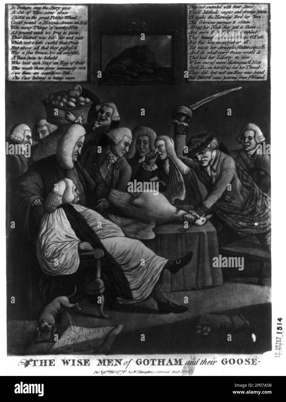 Die Weisen von Gotham und ihre Gans. British Cartoon Prints Collection , Veröffentlicht in: The American Revolution in drawings and Prints; eine Checkliste von 1765-1790 Grafiken in der Library of Congress / erstellt von Donald H. Cresswell, mit einem Vorwort von Sinclair H. Hitchings. Washington: [Zum Verkauf an die Oberste Behörde. Der Docs, US-Regierung. Drucken. Aus.], 1975, nein 695. Bute, John Stuart, Earl of, 1713-1792. , Gänse,England,1770-1780. , Politik und Regierung, England, 1770-1780. , Regierungspolitik,England,1770-1780. , Gesetzgeber,England,1770-1780. , Bischöfe, England, 1770-1780. , Vereinigte Staaten, Geschichte, Revolte Stockfoto