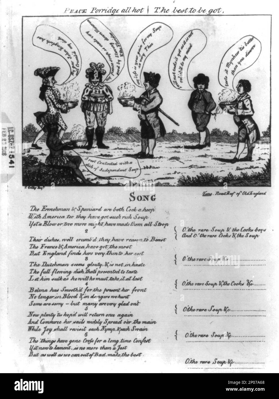 Peace Porridge ist ganz heiß - das Beste, was man von T. Colley erwartet. British Cartoon Prints Collection , Veröffentlicht in: The American Revolution in drawings and Prints; eine Checkliste von 1765-1790 Grafiken in der Library of Congress / erstellt von Donald H. Cresswell, mit einem Vorwort von Sinclair H. Hitchings. Washington: [Zum Verkauf an die Oberste Behörde. Der Docs, US-Regierung. Drucken. Aus.], 1975, nein 847. Vereinigte Staaten, Geschichte, Revolution, 1775-1783. , Internationale Beziehungen, 1780-1790. Friedensabkommen, 1780-1790. , Frieden,1780-1790. Stockfoto