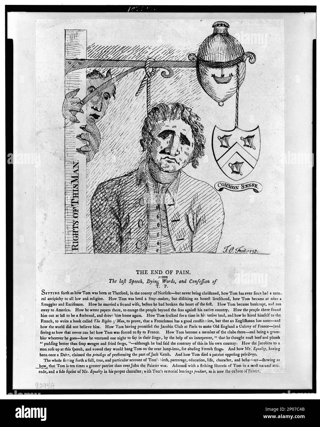Das Ende des Schmerzes. Die letzte Rede, sterbende Worte und die Beichte von T.P. T.O. Ovenden fecit.. British Cartoon Prints Collection Paine, Thomas, 1737-1809, Portrayals. , Hangings, Frankreich, 1790-1800. Stockfoto