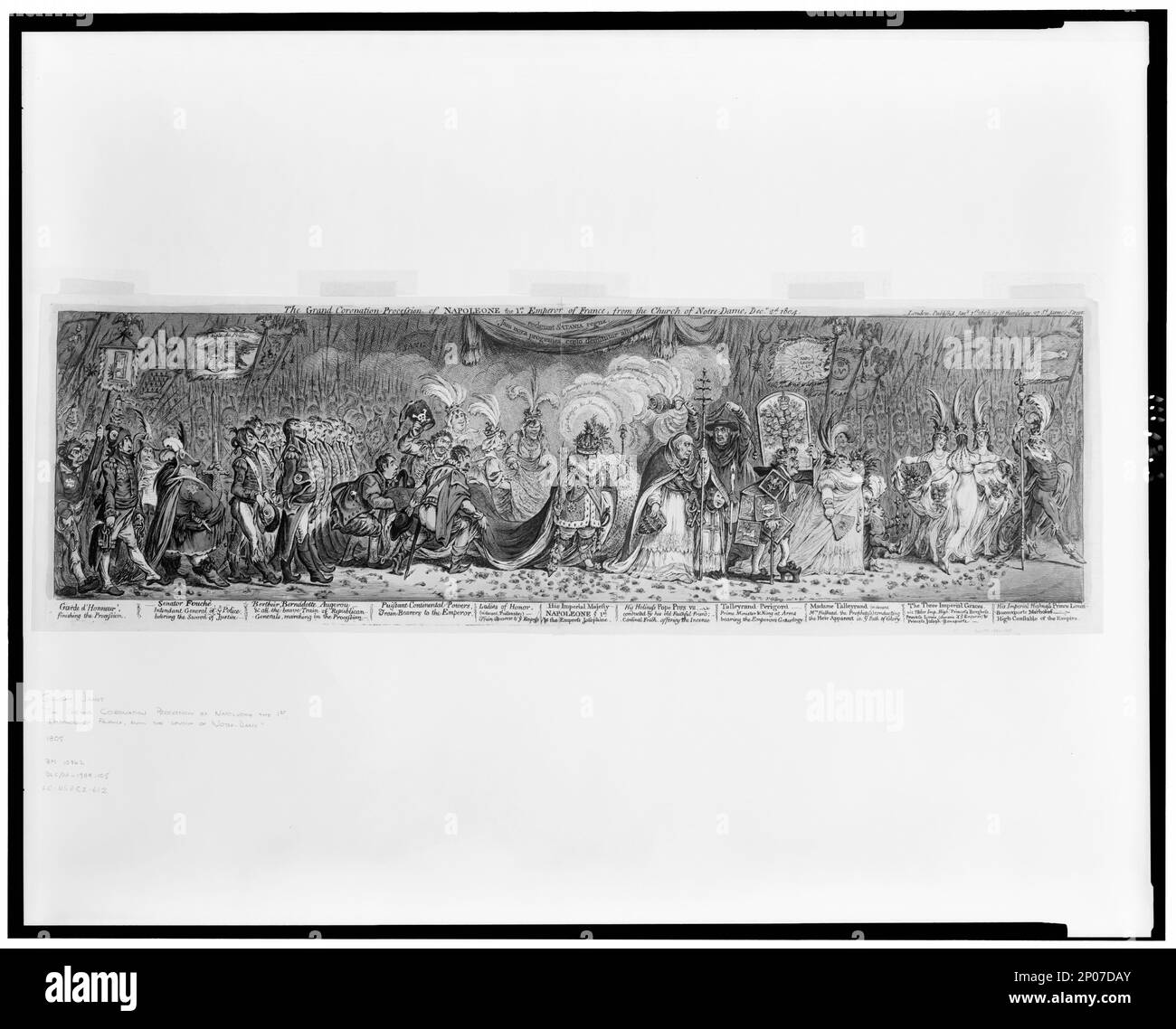 Die große Krönungsprozession von Napoleone dem 1. Kaiser von Frankreich aus der Kirche Notre-Dame, Decr. 2D. 1804 Js. Gillray Inv. & Fect... British Cartoon Prints Collection , Katalog von Drucken und Zeichnungen im British Museum. Abteilung I, politische und persönliche Satires, v. 8, nein 10362, Bibliothek der Kongressdrucke und Fotos: Ein illustrierter Führer / Kongressbibliothek. Washington, D.C. : Kongressbibliothek, 1995, S. 40. Napoleon, ich, Kaiser der Franzosen, 1769-1821, Krönung. , Joséphine, Kaiserin, Gemahl Napoleons I., Kaiser der Franzosen, 1763-1814, Öffentliche Auftritte. , Pius,V Stockfoto
