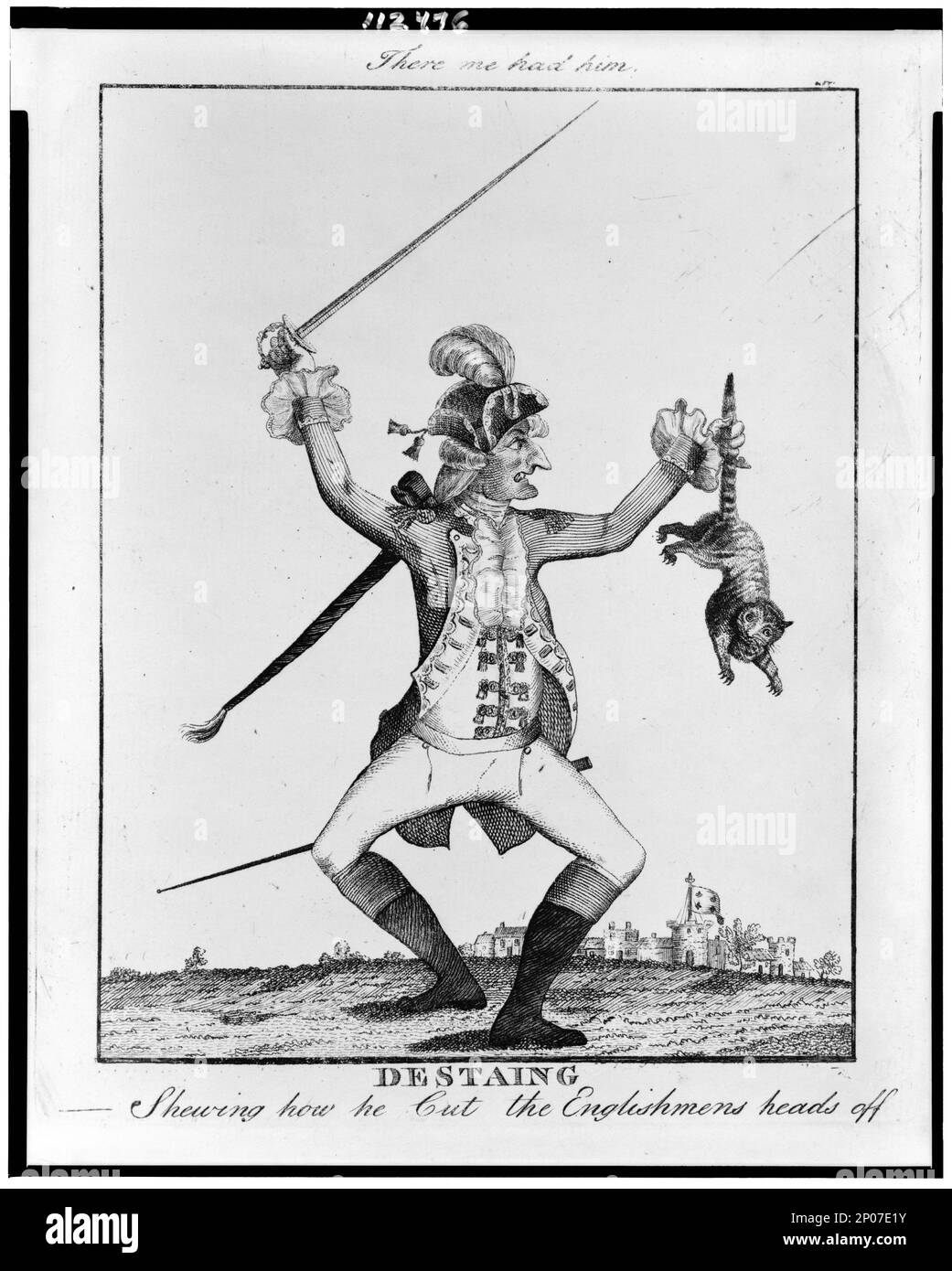 Vernichtung. Er hat den Engländern den Kopf abgeschnitten. British Cartoon Prints Collection Estaing, Charles Henri, comte d', 1729-1794. , Katzen, 1770-1790. , Dolche und Schwerter, 1770-1790. , Internationale Beziehungen,Frankreich,1770-1790. , Internationale Beziehungen,Großbritannien,1770-1790. Stockfoto