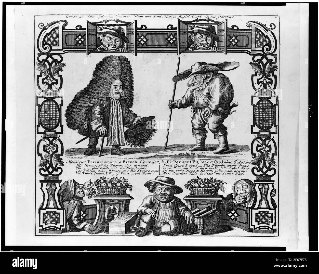 Monsieur Perrukesmore, ein französischer Kavalier, und Sir Penitent Pig-Back, ein katalanischer Pilger. Britische Cartoon-Sammlung. Menschliche Kuriositäten, 1720-1750. , Zwerge, 1720-1750. Stockfoto