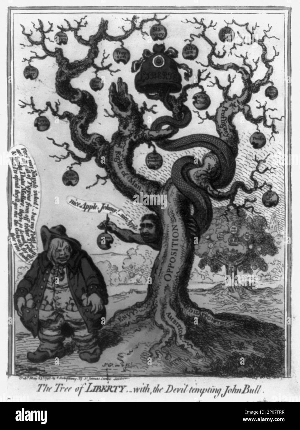 Der Baum der Freiheit, mit dem Teufel, der John Bull JS verführt. Gy. inv. & Fuß... British Cartoon Prints Collection (Kongressbibliothek, ausgestellt: Gillray und die Kunst der Karikatur. Fox, Charles James, 1749-1806. , John Bull (symbolisches Zeichen),1790-1800. , Politik & Regierung,Großbritannien,1780-1800. , Reform,Großbritannien,1780-1800. Stockfoto