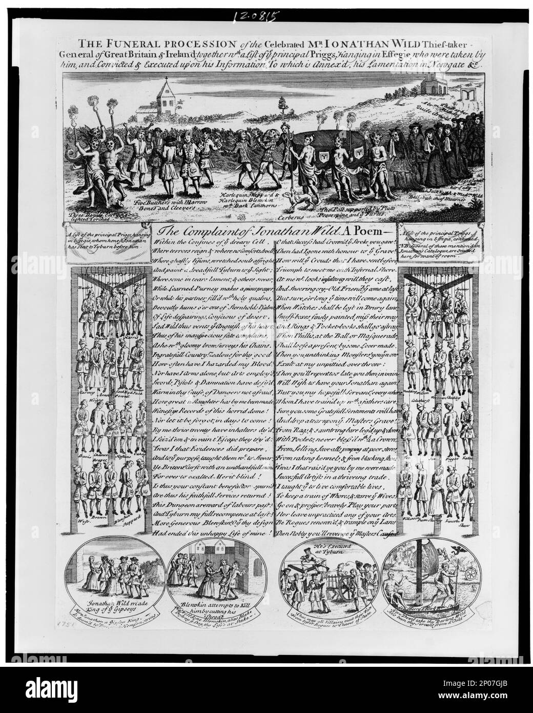 Die Trauerprozession des gefeierten Herrn Jonathan Wild Thief-Taker General von Großbritannien und Irland; zusammen mit einer Liste von Ye Principal Priggs, hängend in Effegie, die von ihm entführt und verurteilt und hingerichtet wurden, nach seiner Information, die Anhang ist, seine Klage in Newgate, &c.. Ist Teil der British Cartoon Prints Collection , Katalog von Drucken und Zeichnungen im British Museum. Abteilung I, politische und persönliche Satires, v. 2, nein 1751. Wild, Jonathan, 1682?-1725, Tod und Beerdigung. , Poesie, 1720-1730. , BestattungsProzessionen, England, London, 1720-1730. , Hinrichtungen, England, London, 172 Stockfoto