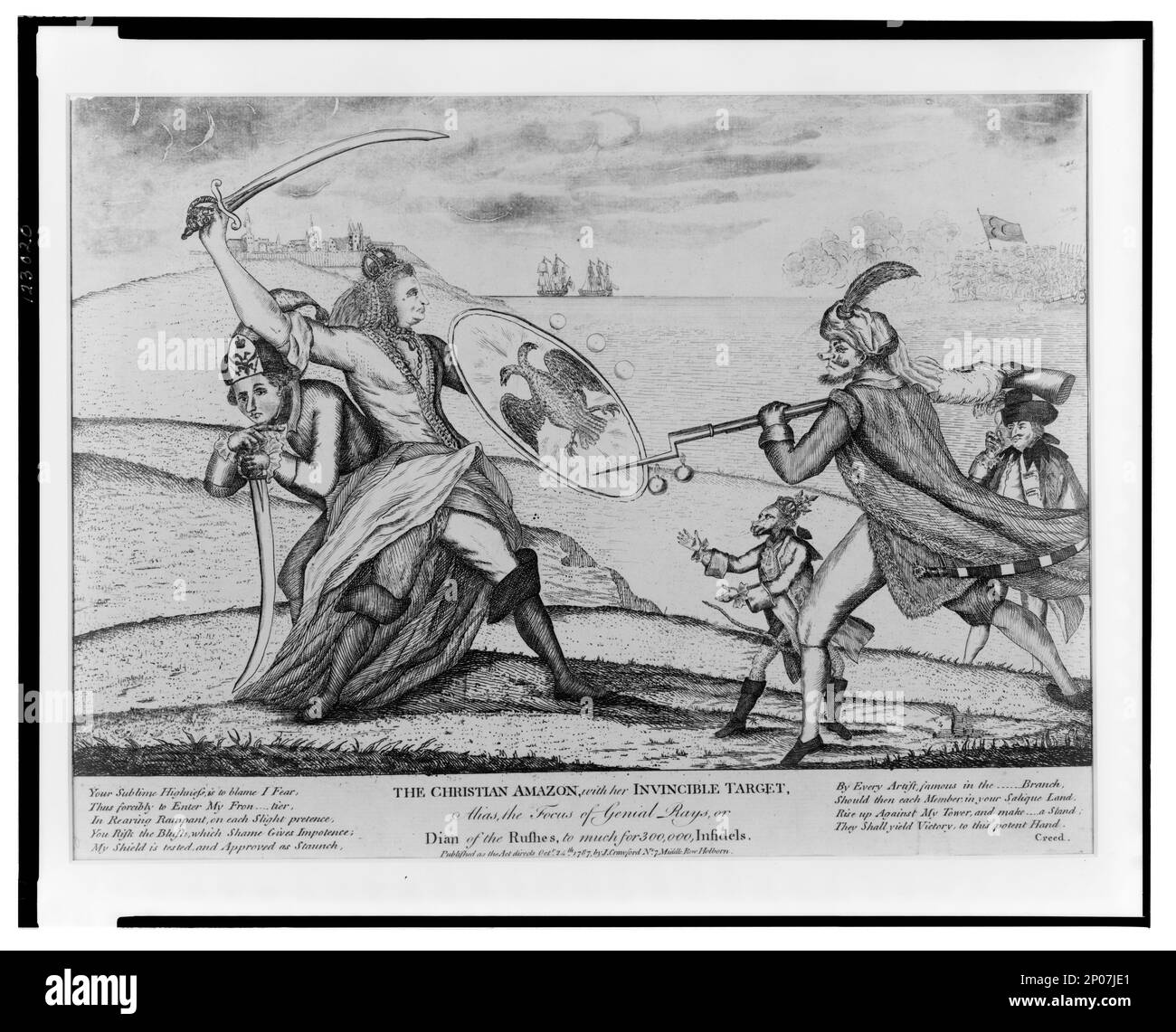 Die christliche amazonas mit ihrem unbesiegbaren Ziel, Alias, dem Fokus der genialen Strahlen, oder Dian der Eile, zu viel für 300.000, Ungläubige... British Cartoon Prints Collection , Katalog von Drucken und Zeichnungen im British Museum. Abteilung I, politische und persönliche Satires, v. 6, nein 7180, Ausstellungskredit 4161-L. Katharina, II., Kaiserin von Russland, 1729-1796. Joseph II. Heiliger römischer Kaiser 1741-1790. , Selim, III. Sultan der Türken, 1761-1808. , Ludwig, XVI, König von Frankreich, 1754-1793. , Karl, III., König von Spanien, 1716-1788. , Russisch-Türkischer Krieg, 1787-1792. Stockfoto