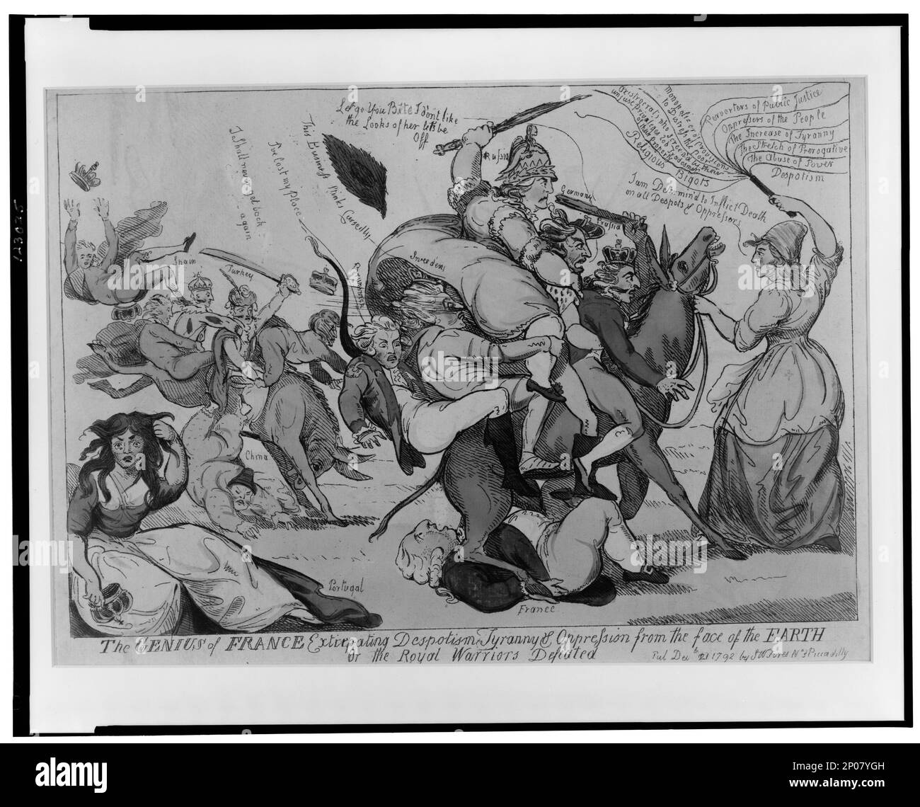 Das Genie Frankreichs, Despotismus, Tyrannei und Unterdrückung vom Antlitz der Erde auszulöschen, oder die königlichen Krieger besiegt. British Cartoon Prints Collection , Katalog von Drucken und Zeichnungen im British Museum. Abteilung I, politische und persönliche Satires, v. 6, nein 8143, Beweisausleihe 4161-L, Druck enthält einige Löschungen. Louis, XVI, König von Frankreich, 1754-1793. Katherine, II., Kaiserin von Russland, 1729-1796. , Maria, ich, Königin von Portugal, 1734-1816. Frederick William, II. König von Preußen, 1744-1797. , Marianne (französisches Emblem), 1790-1800. , Frankreich, Geschichte, Revolution, 1789-1799. Stockfoto