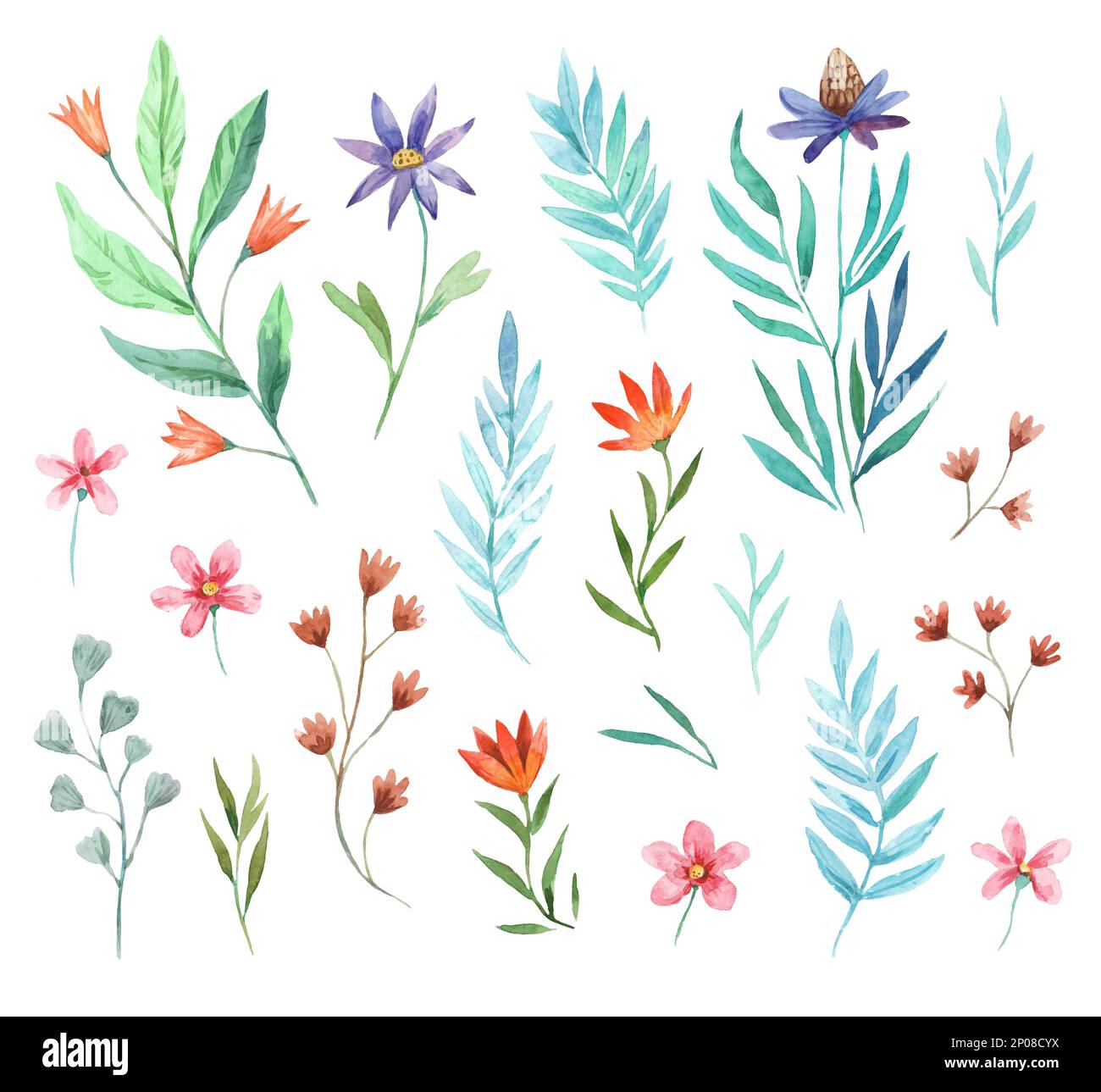 Kollektion mit niedlichen, hübschen, abstrakten Blumenelementen, isoliert auf weißem Hintergrund. Handgezeichnete Aquarell-Illustration Stockfoto