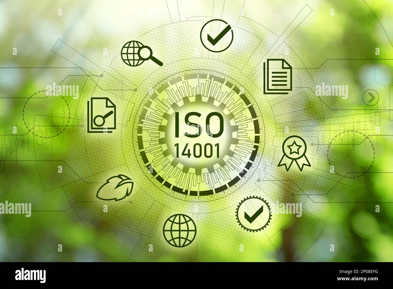 Internationale Organisation für Normung (ISO 14001). Verschiedene virtuelle Symbole auf unscharfem grünen Hintergrund Stockfoto