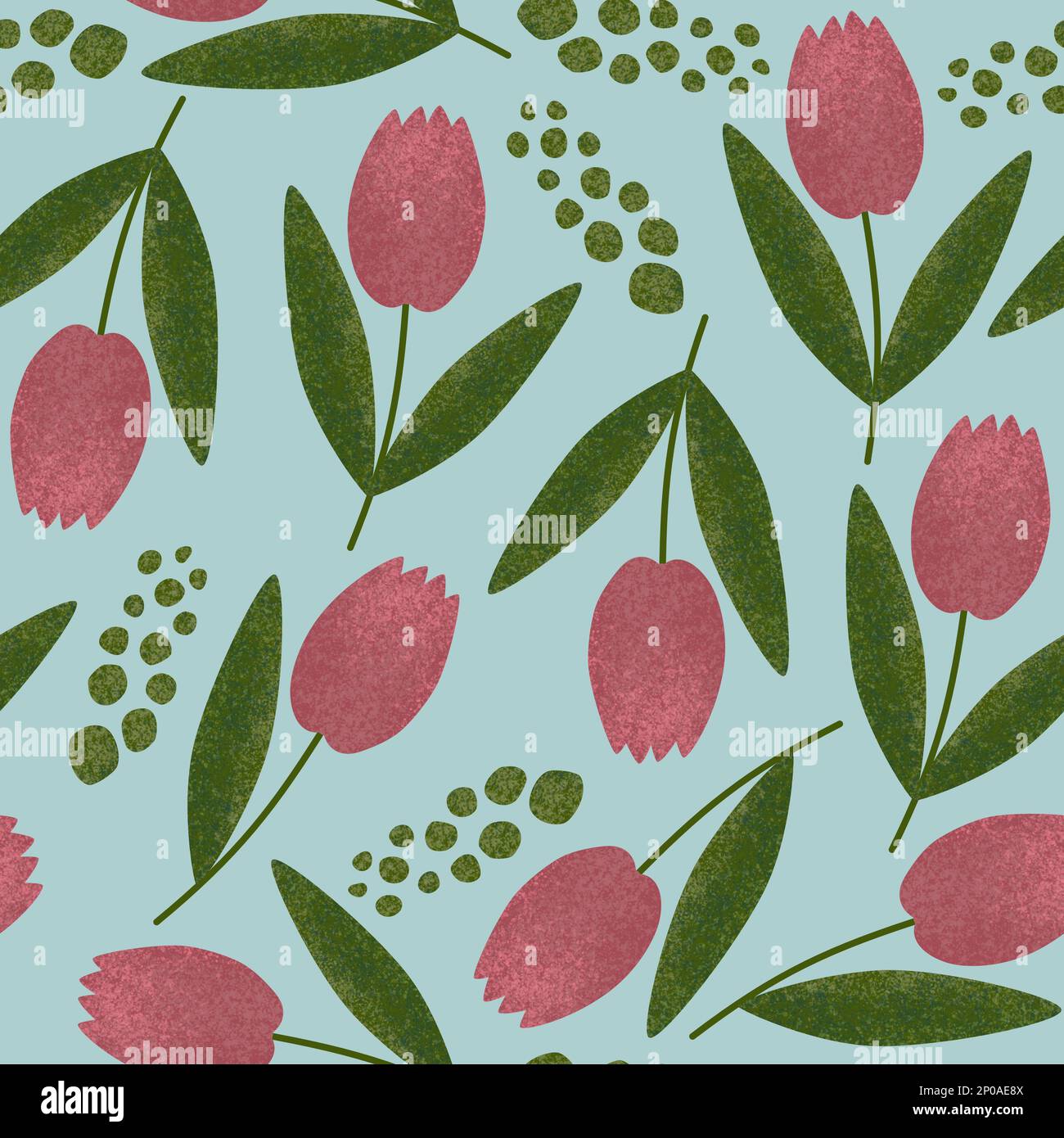Nahtloses Tulpenmuster. Durchgehender Rasterdruck mit handgezeichneten rosa Blumen mit Stielen und Blättern auf blauem Hintergrund Stockfoto