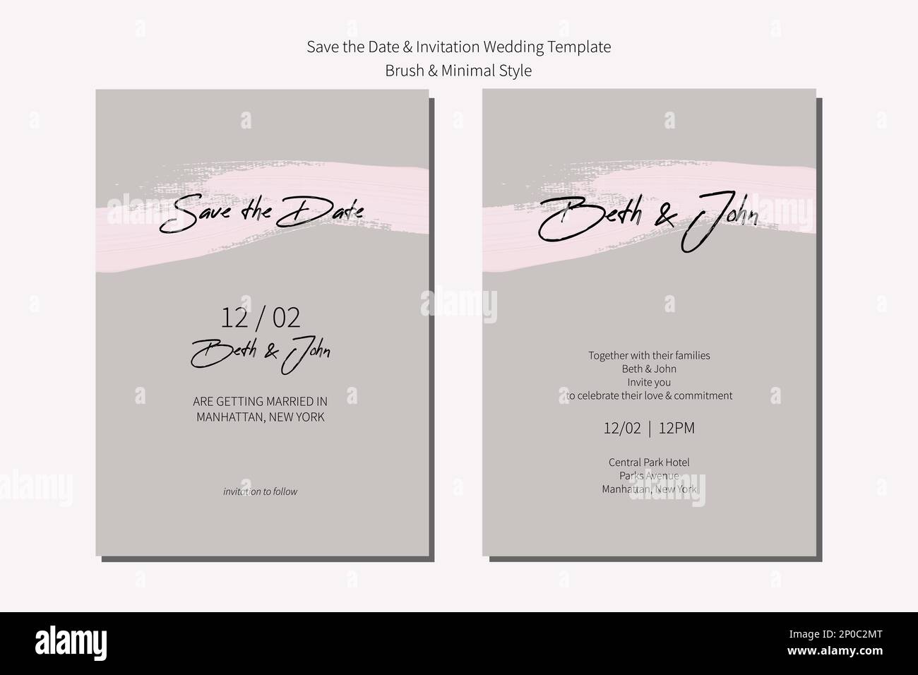 Hochzeitseinladung und bewahren Sie die Vorlage für die Datumskarte mit neutralem, bürstengrauem und minimalistischem Design auf. Stock Vektor
