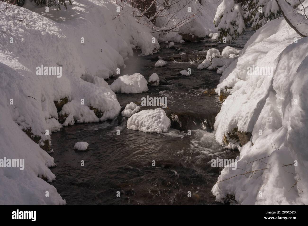 Winterscene mit einem Bach im Sundance Resort, auch bekannt als Sundance Mountain Resort, ein Skigebiet, das 13 Meilen (21 km) nordöstlich von Provo liegt Stockfoto