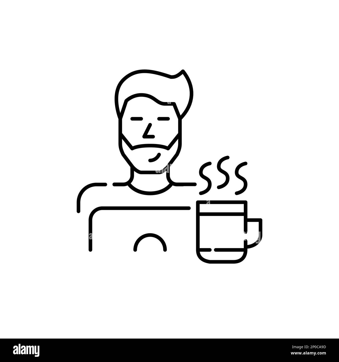 Eleganter Typ, der mit heißem Kaffee in einer Tasse arbeitet oder am Laptop lernt. Remote-Job. Pixelgenaue, bearbeitbare Kontur Stock Vektor