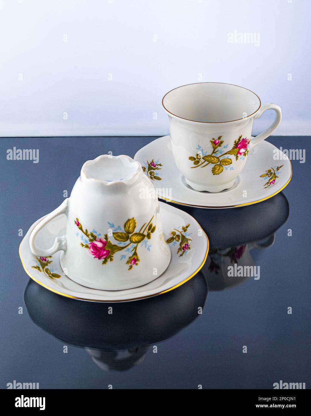 Porzellangeschirr, Kaffee- oder Teetasse. Handbemalte Blumen. Kann zur Veranschaulichung von Porzellan in Zeitungen verwendet werden. Stockfoto