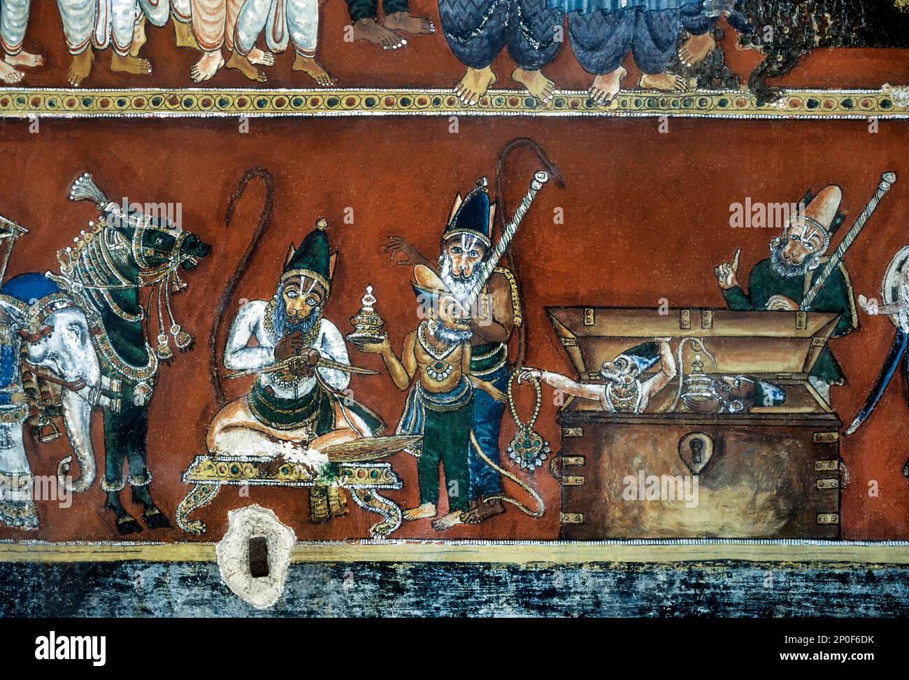 Ramayana-Wandbilder aus dem 18. Jahrhundert an den Wänden des Bodinayakanur-Palastes, Tamil Nadu, Indien Stockfoto