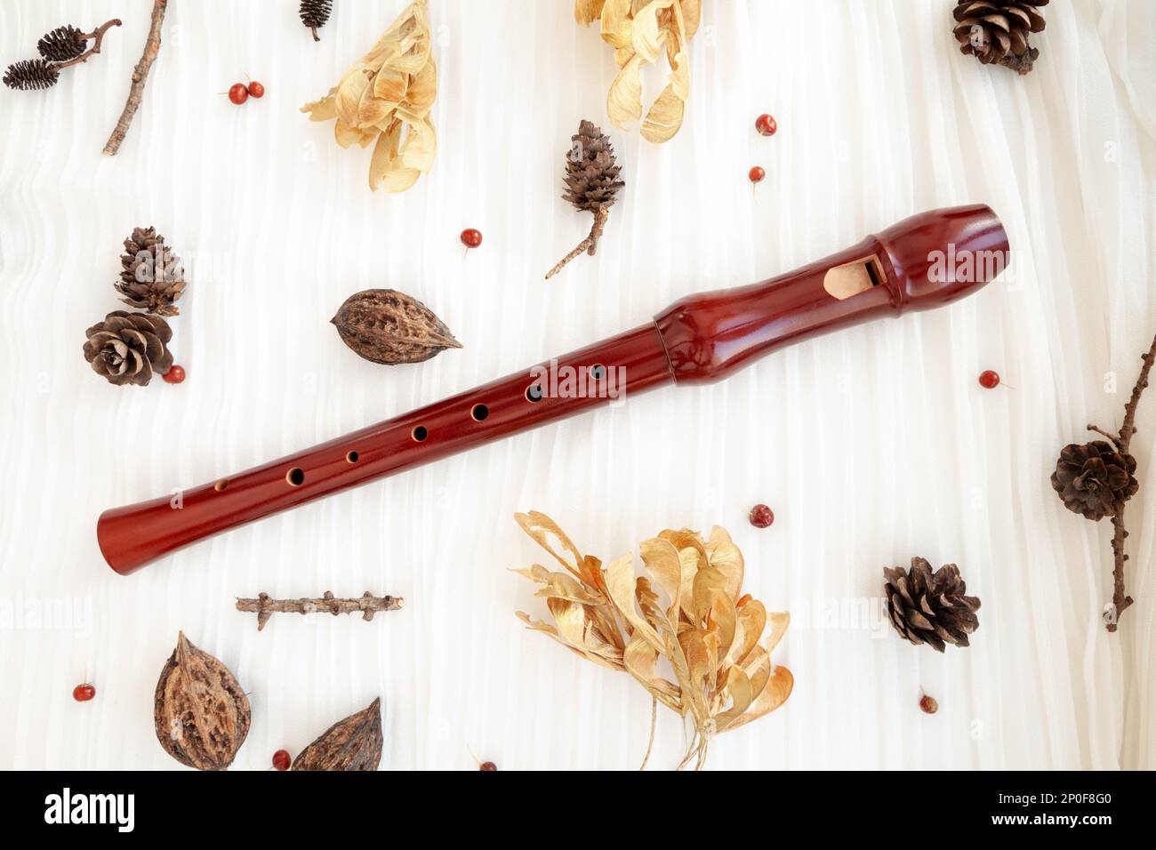 Braun Holz Blockflöte Flöte. Holzblas Instrument auf weißem Hintergrund mit natürlichem Wald Elementen dekoriert Stockfoto