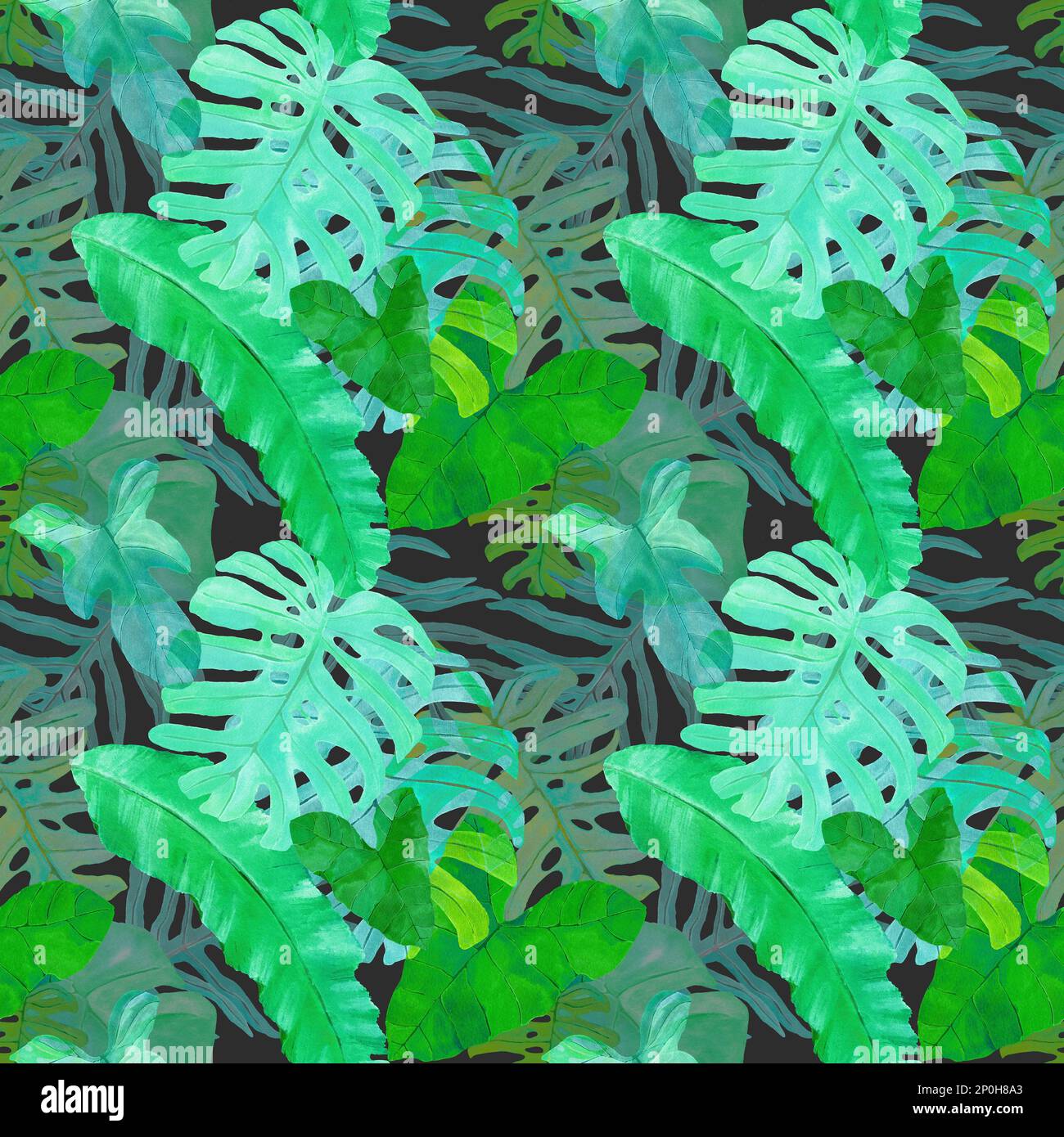 Wasserfarbenes nahtloses Muster mit tropischen Blättern Hintergrund in Neonfarben. Wilder Dschungel. Regenwald von Amazonien. Design für Stoff, Abdeckungen Stockfoto