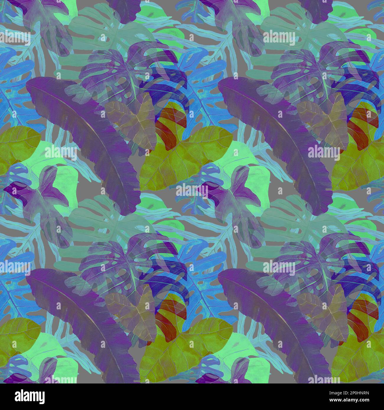 Wasserfarbenes nahtloses Muster mit tropischen Blättern Hintergrund in Neonfarben. Wilder Dschungel. Regenwald von Amazonien. Design für Stoff, Abdeckungen Stockfoto