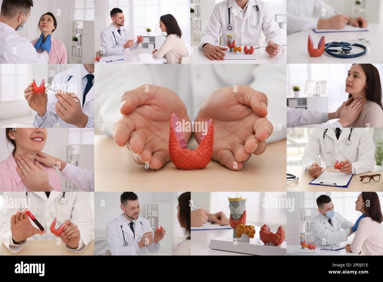 Prävention von Schilddrüsenerkrankungen. Collage mit verschiedenen Fotos von Arzt und Patient Stockfoto
