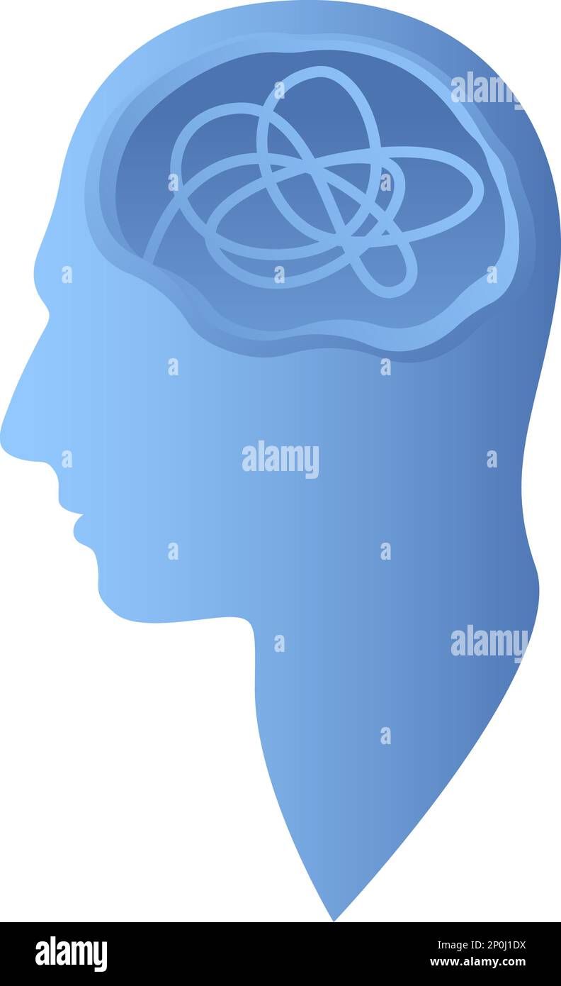 Silhouette des menschlichen Kopfes mit verhedderter Linie im Inneren, wie im Gehirn. Begriff des chaotischen Denkprozesses, der Verwirrung, der Persönlichkeitsstörung und der Depression. Vec Stock Vektor