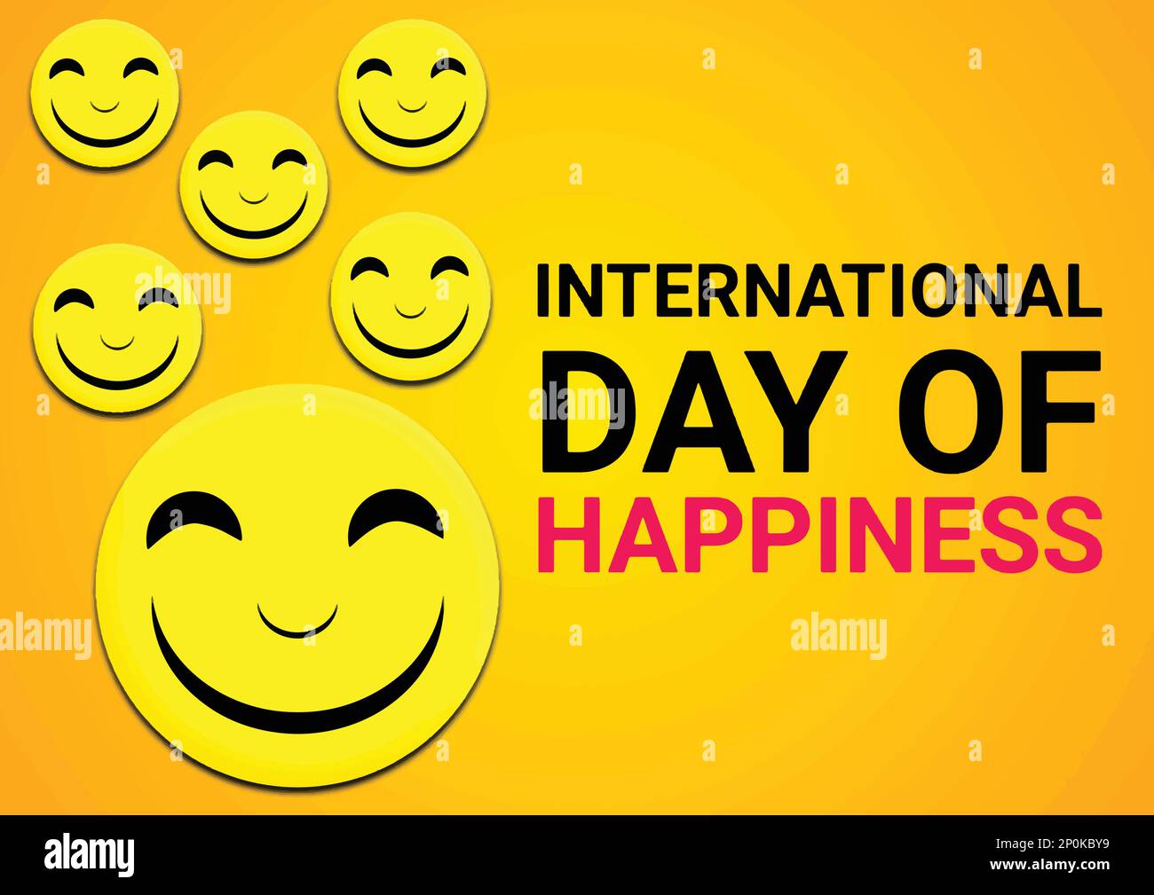 Text zum Internationalen Tag des Glücks mit Smiley-Gesichtern auf gelbem Hintergrund. Vektordarstellung Stock Vektor