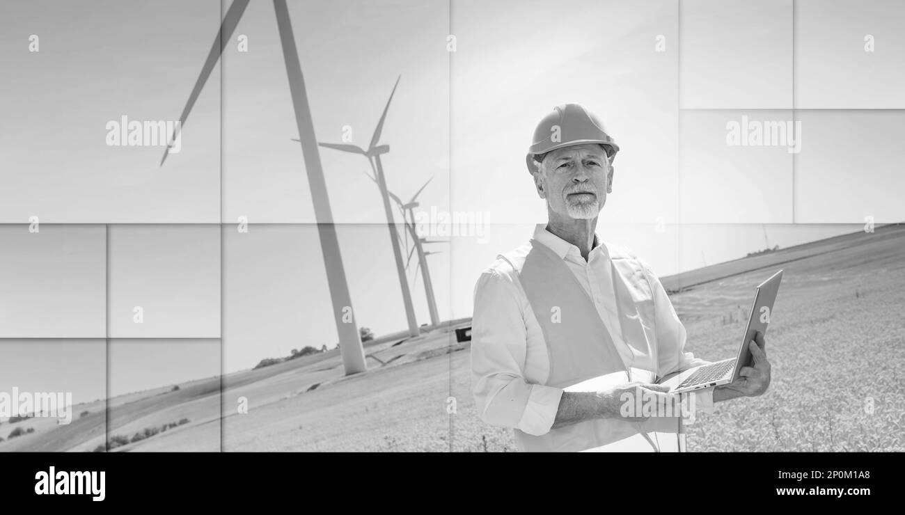 Porträt eines Elektroingenieurs mit Laptop zur Inspektion von Windturbinen, geometrisches Muster Stockfoto