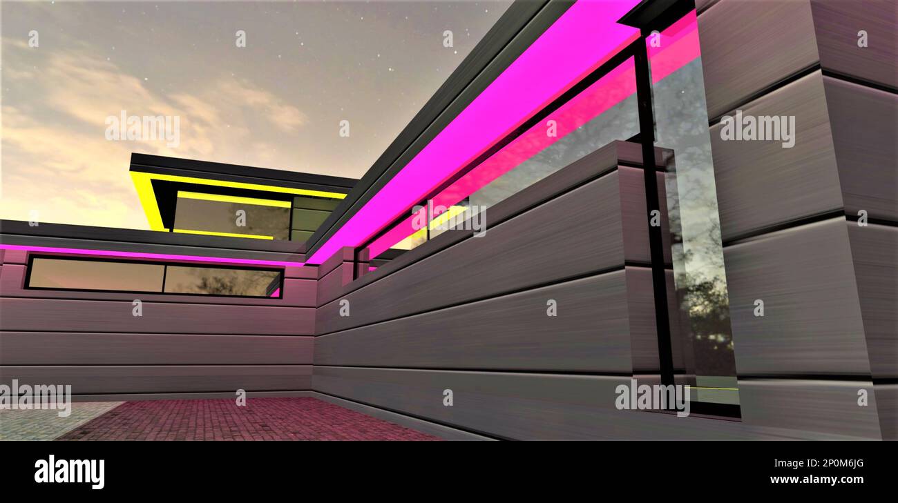 Individuell gestaltetes langes, schmales Fenster an der Aluminiumfassade. Sieht gut aus mit Außenbeleuchtung bei Nacht. Moderne Trends im Vorstadtbau Stockfoto