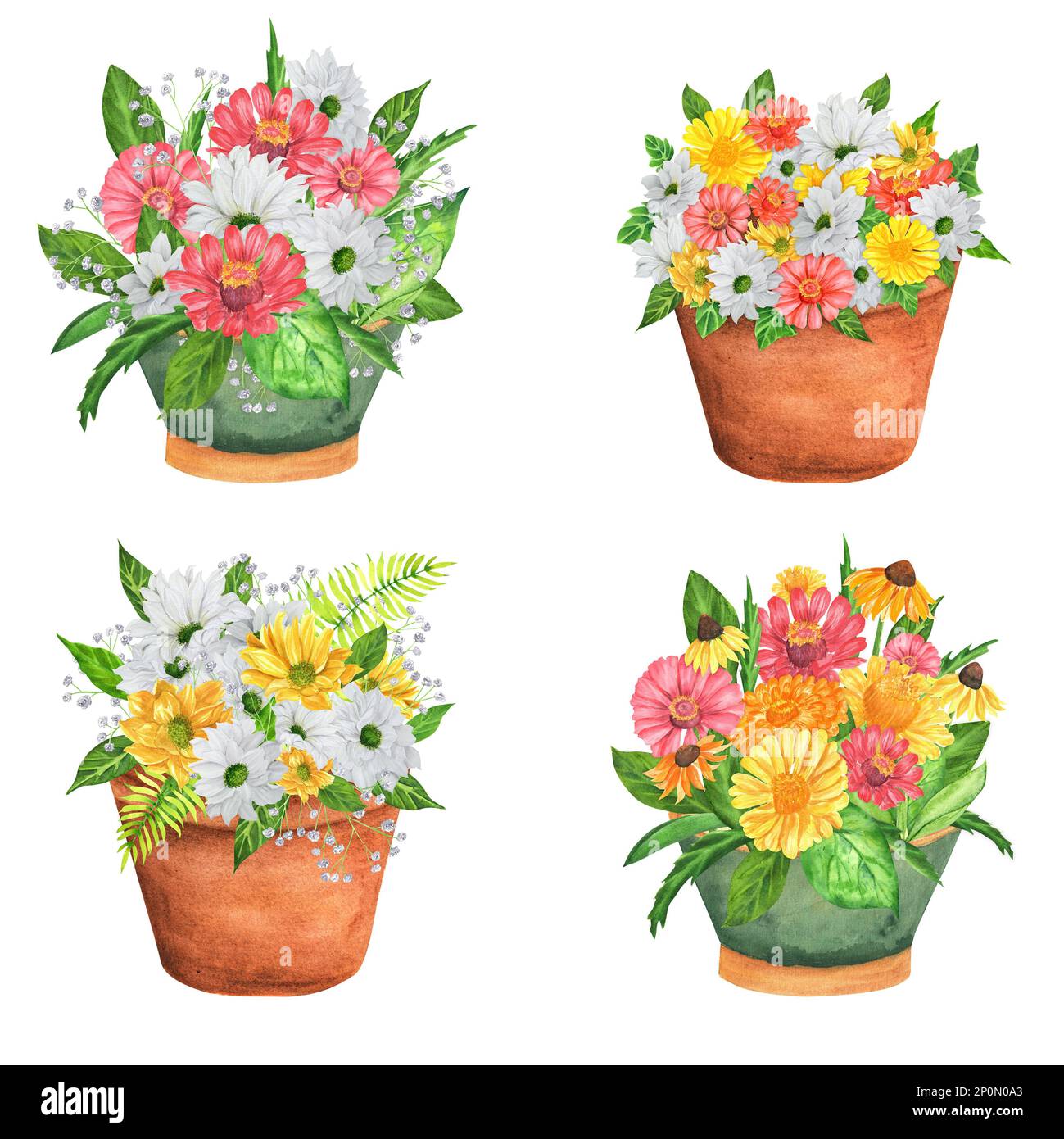 Vier handgezeichnete, wässrige Gartentöpfe mit Blumen. Ein kleiner Teil des großen VOGELGARTENS Stockfoto