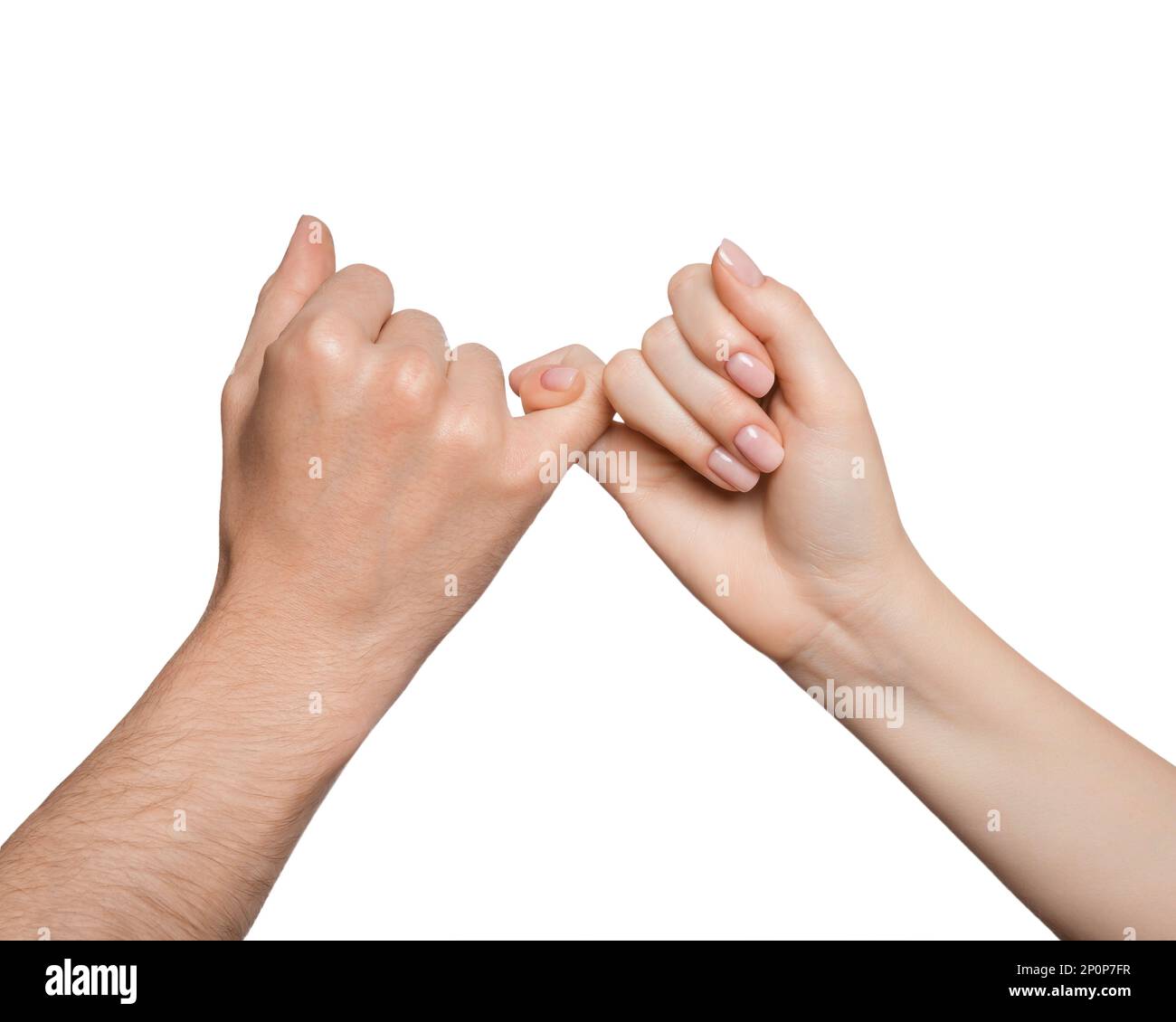 Die Hände halten sich mit kleinen Fingern fest, isoliert Stockfoto