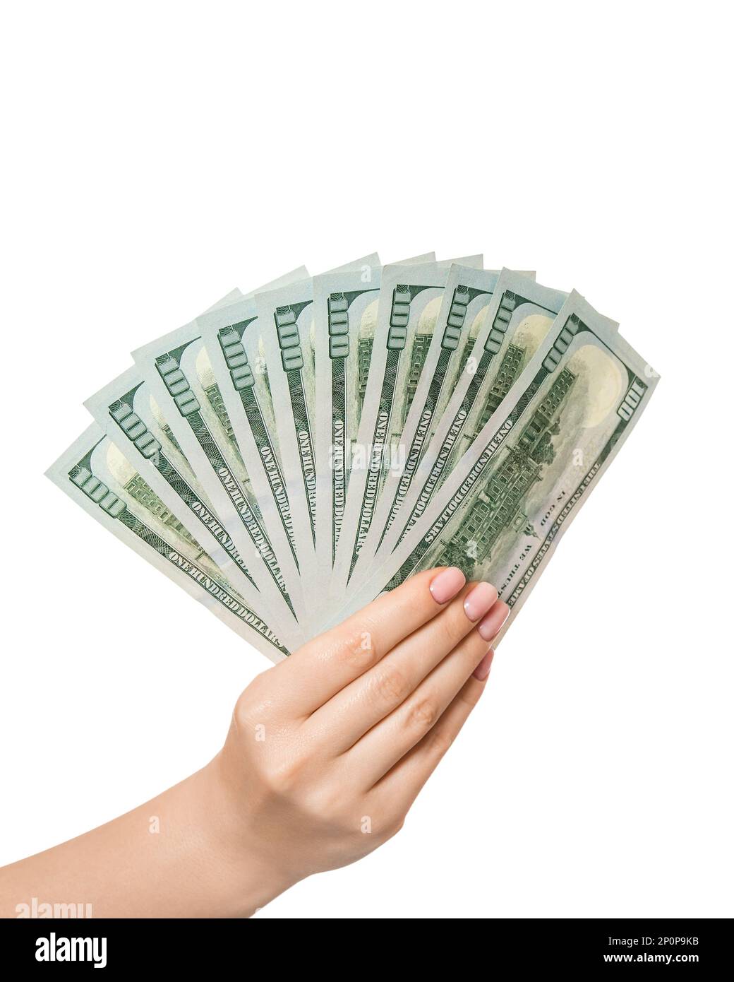 100-Dollar-Banknoten in der Hand einer Frau, umgedreht, isoliert Stockfoto