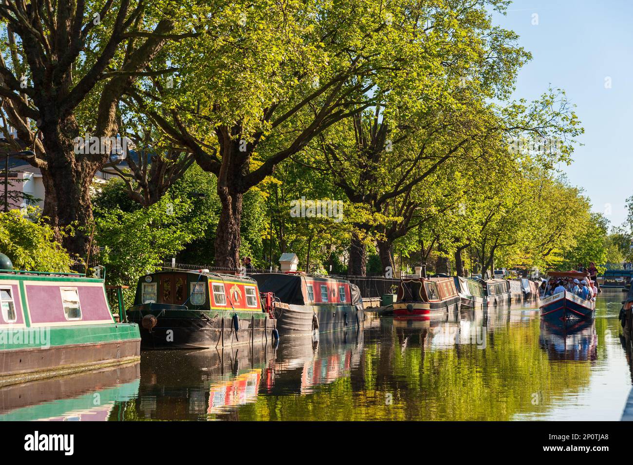 Narrowboat fährt auf dem Regent's Canal in Little Venice, London, Großbritannien Stockfoto