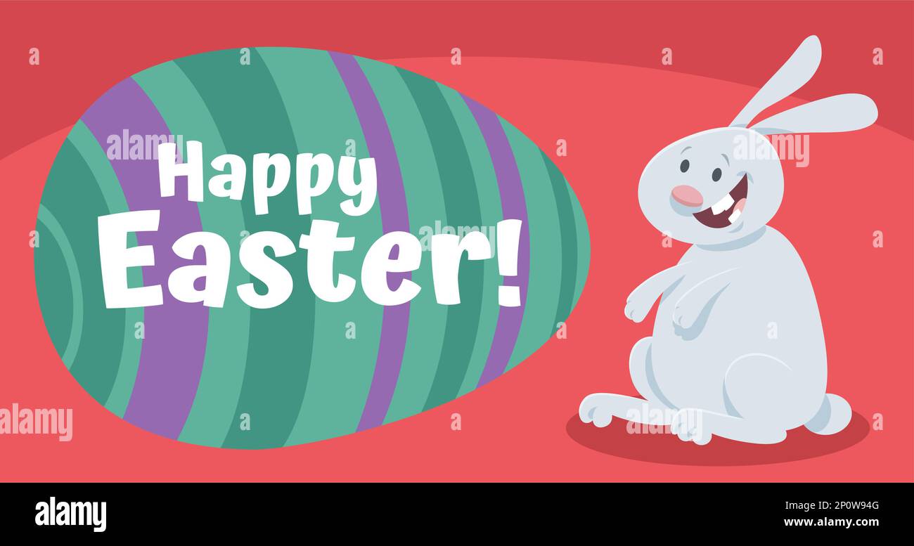 Zeichentrickfilm mit fröhlicher Osterhase-Figur und großem gemalten Osterei-Grußkartendesign Stock Vektor