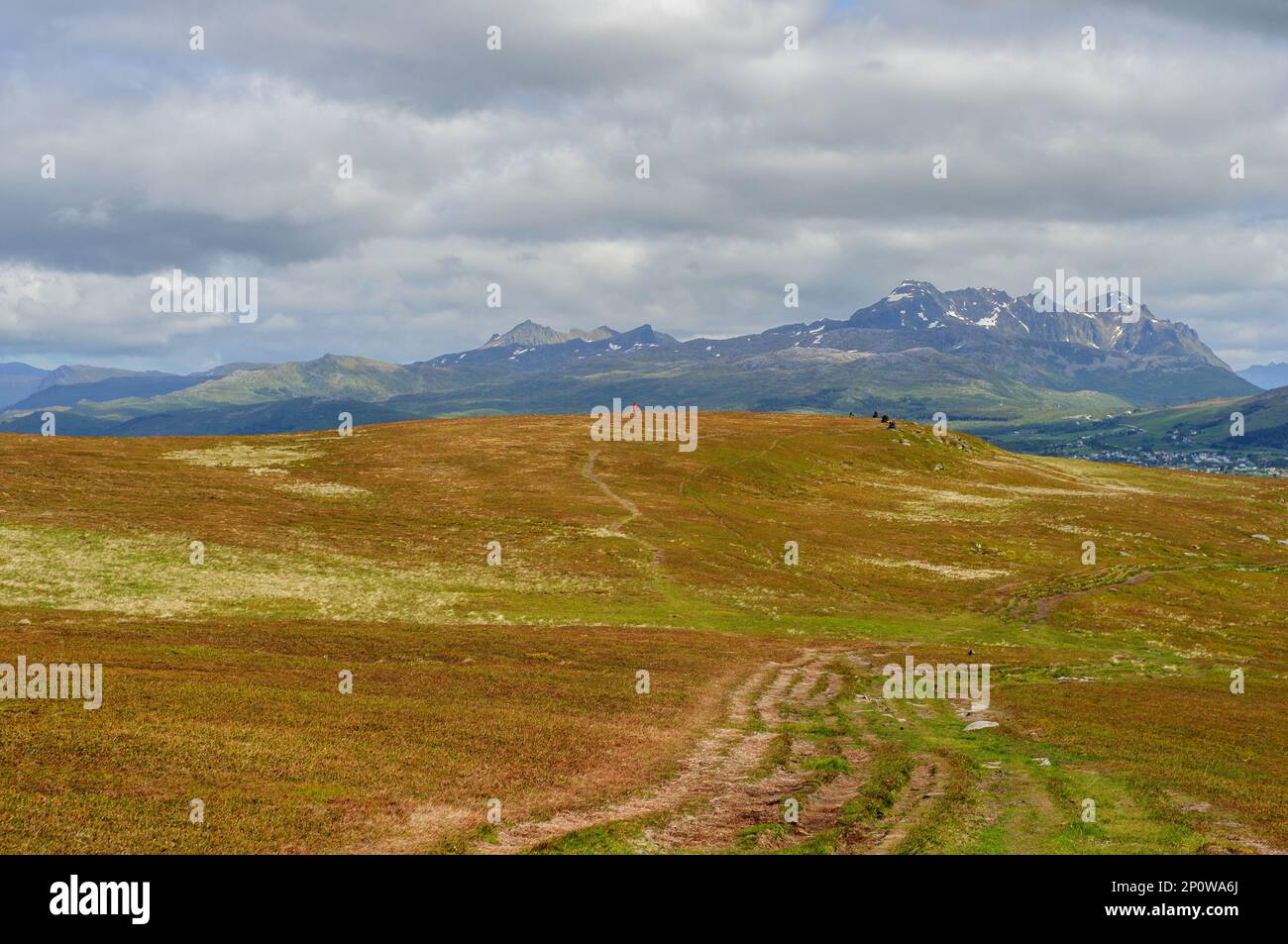 Kleine Person in roter Jacke zwischen Hügeln und Bergen in Norwegen. Wandern oder Spazierengehen Stockfoto