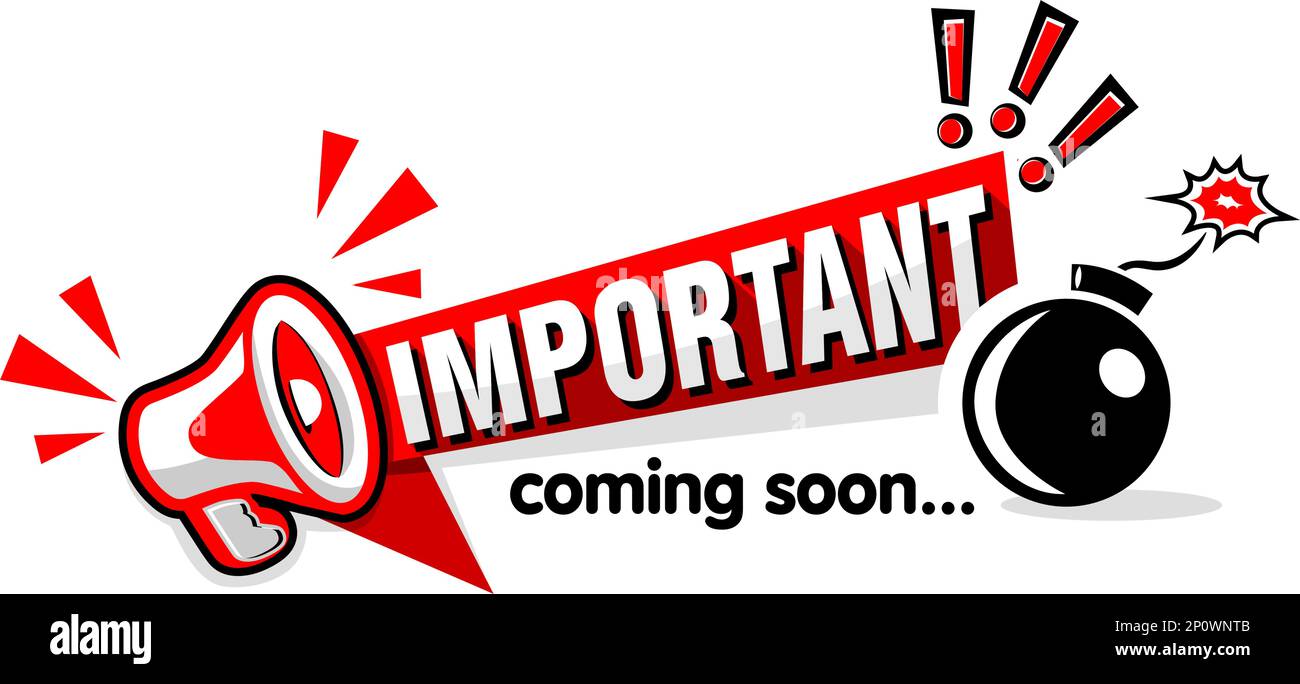 Achtung, wichtige Nachricht auf rotem Band mit Megafon und Bombe. Vektorschablone auf transparentem Hintergrund Stock Vektor