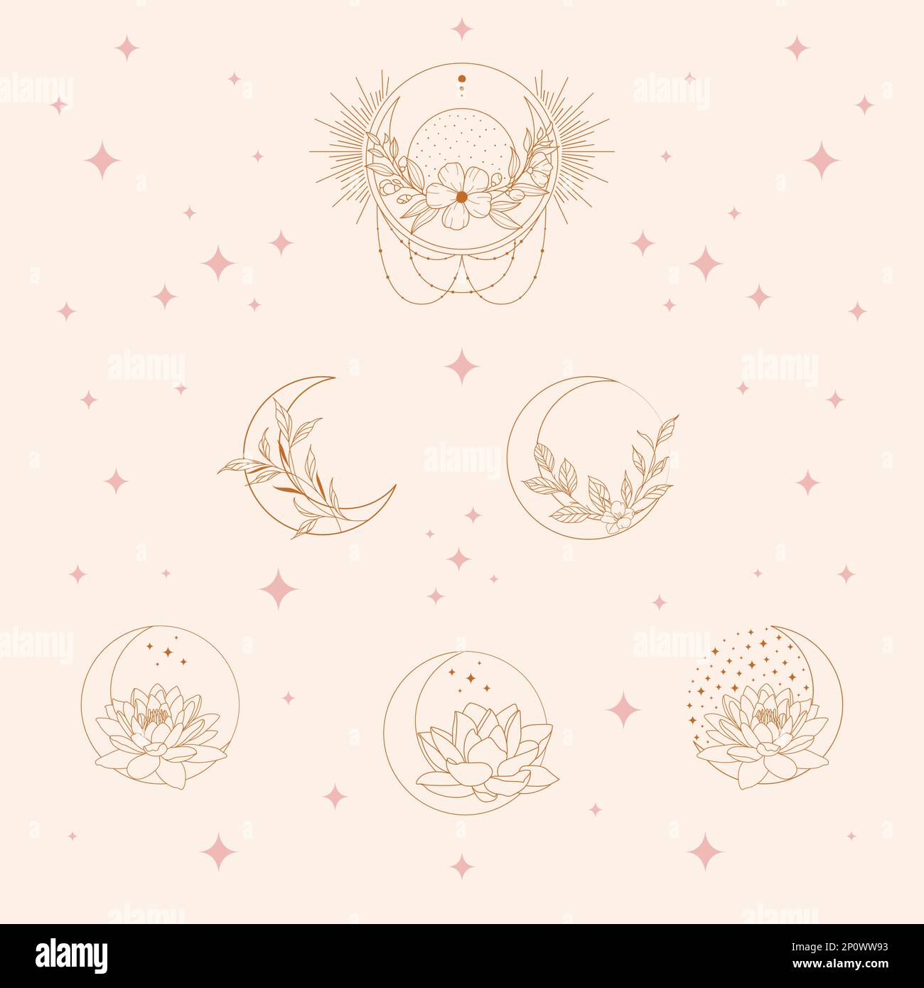 Böhmischer Mond und Lotusblumen Set. Vektorsatz von linearen Bo-Ho-Symbolen und -Symbolen. Sun Logo-Designvorlagen. Abstrakte Designelemente für Schmuck in mi Stock Vektor