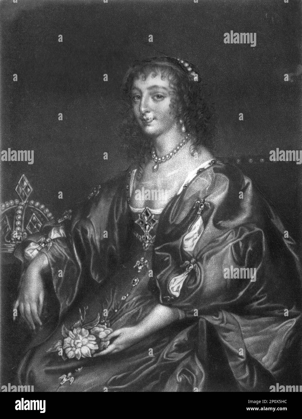 Henrietta Maria, Königin von Karl I.; Zeugnis 1669. Von „Porträts von Figuren, die in der britischen Geschichte berühmt sind, vom Beginn der Herrschaft von Heinrich dem Achten bis zum Ende der Herrschaft von James dem Zweiten“ [Samuel Woodburn, London, 1815]. Stockfoto