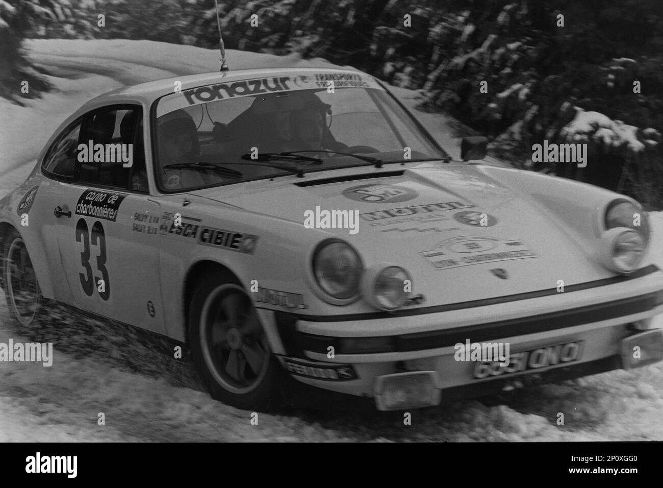 Archive 80ies: Charbonnières Car Rally, Racing Porsche Carrera, Rhone-Alps, Frankreich, 1981 Stockfoto