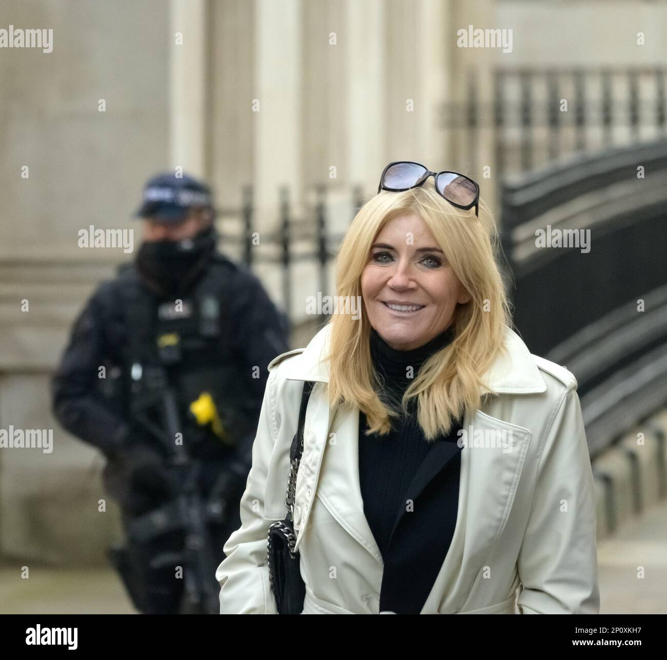 Michelle Collins, Schauspielerin (Eastenders, Coronation Street) in der Downing Street, um eine Petition zu überbringen, die kostenlose Schulmahlzeiten an alle Grundschulen verlangt Stockfoto