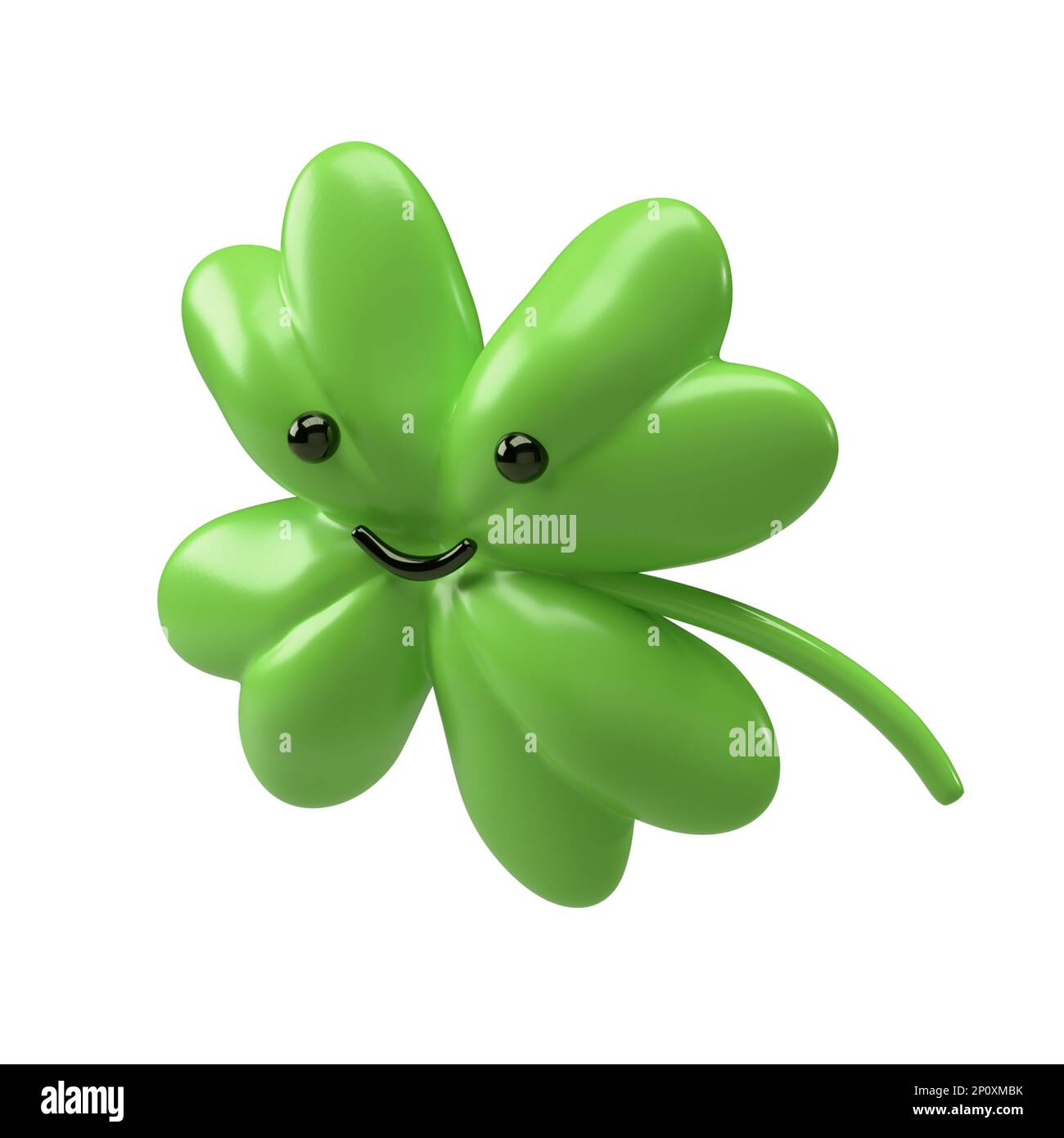3D grünes Klee-Emoji-Blatt isoliert auf weißem Hintergrund. Das Symbol für vierblättrige Kleeblätter wird mit Beschneidungspfad gerendert. Glückssymbol für St. Patrick Day Stockfoto