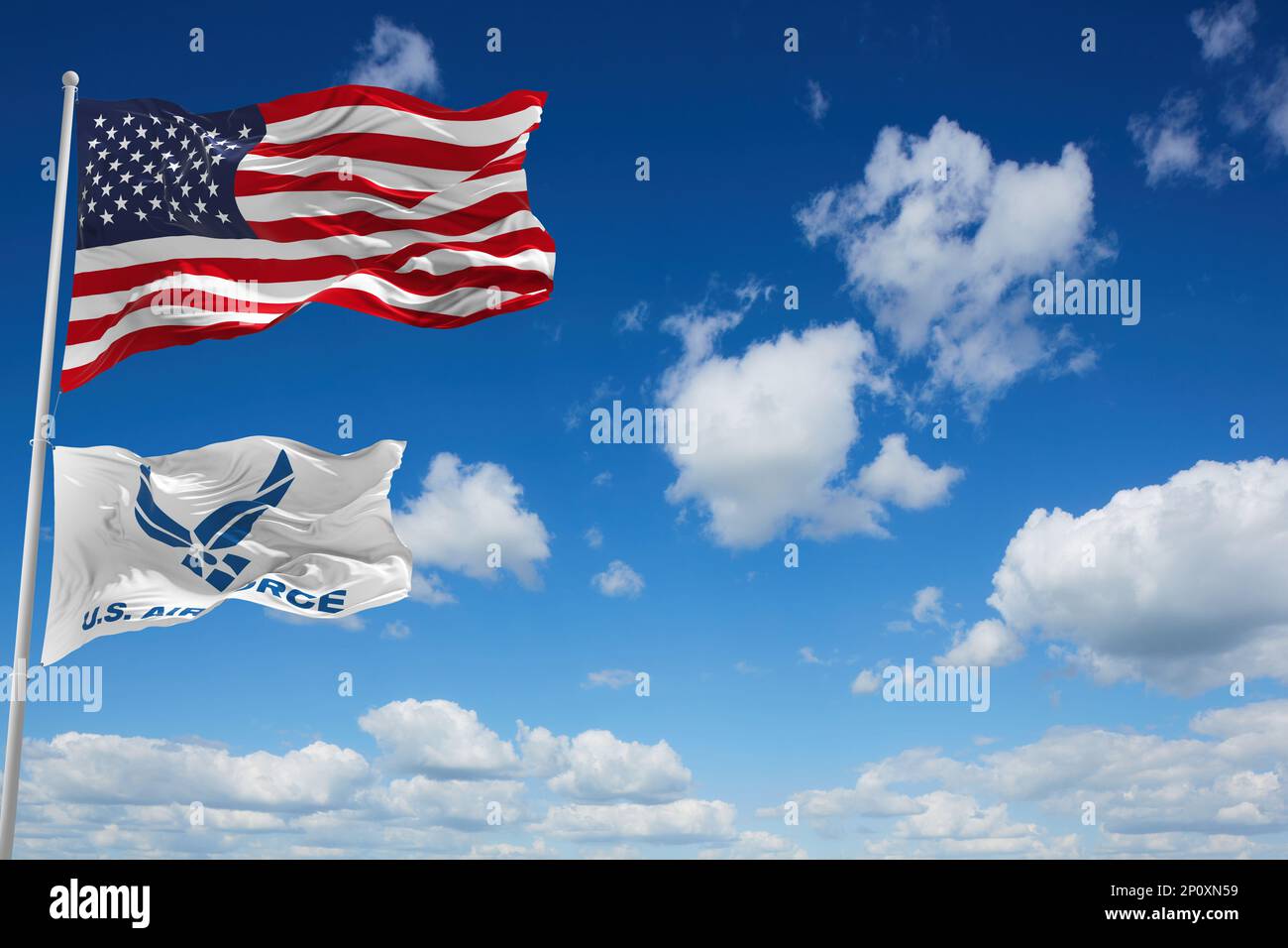 Flagge der United States Air Force winkt im Wind. USA Nationale Verteidigung. Speicherplatz kopieren. 3d-Illustration. Stockfoto