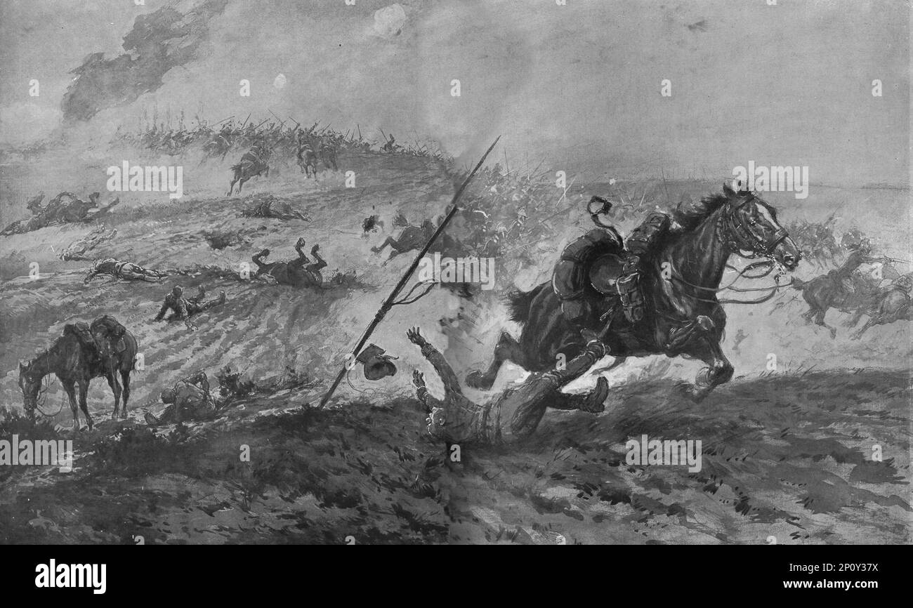 "Le Role de la Cavalerie; Dragons Francais Chargeant des Uhlans", 1914. Von „L'Album de la Guerre 1914-1919: Band I“. [L'Illustration, Paris, 1926]. Stockfoto