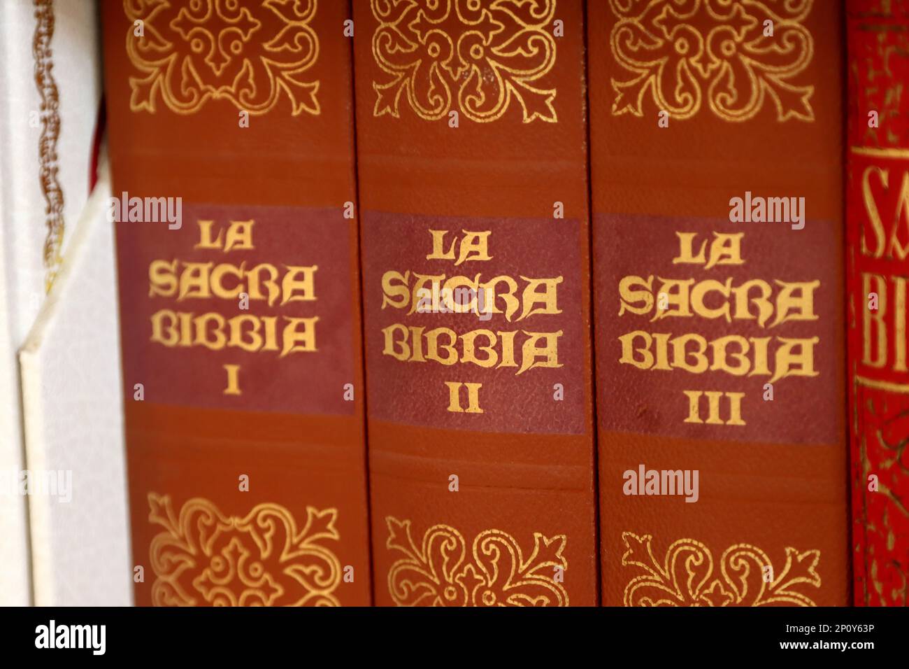 Regale einer Bibliothek mit drei Bänden der Heiligen Bibel. Hochwertiges Foto Stockfoto