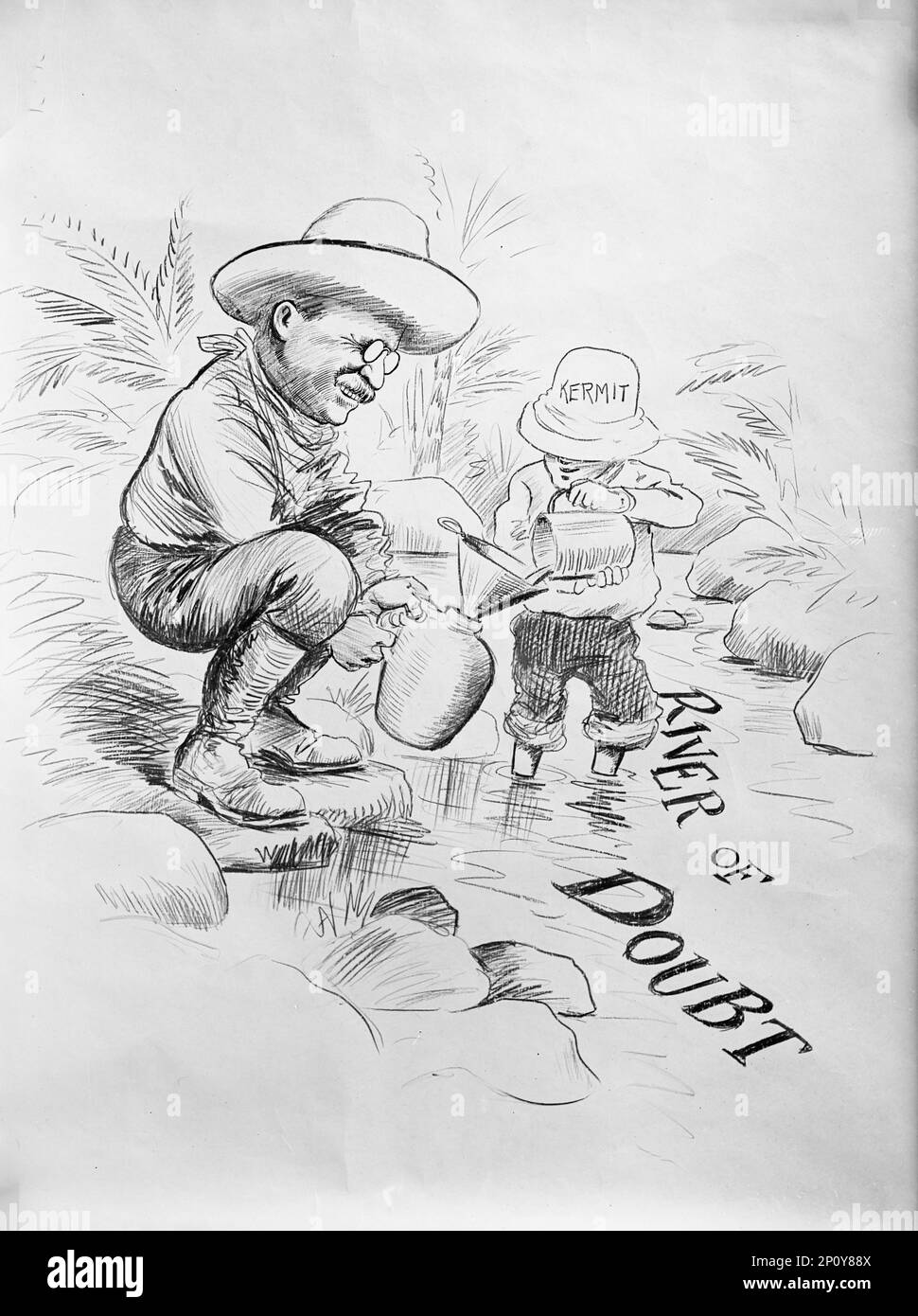Theodore Roosevelt - Cartoon über den "Fluss des Zweifels", 1914. Roosevelt und sein Sohn Kermit machten eine Expedition in das Amazonasbecken in Brasilien, um das Gebiet des Flusses des Zweifels zu erkunden und kartografieren, der später zu Ehren des Präsidenten in Rio Roosevelt umbenannt wurde. Vater und Sohn haben sich während der Expedition Malaria zugezogen. Stockfoto
