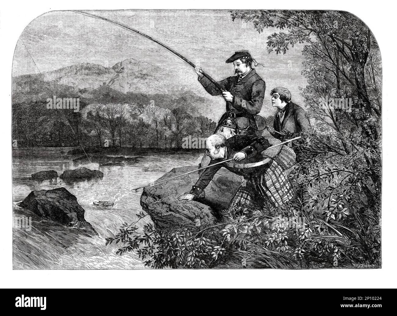 Kilted Scottish Anglers, die im Jahr 1860 von M S Morgan Lachs in den Highlands fischen. Schottland ist bekannt für den Atlantischen Lachs Salmo Salar, der von den Meeresfütterungsgebieten im Nordatlantik in die Flüsse Schottlands und von Januar bis November flussaufwärts zu den Laichbänken im Spätherbst gelangt. Stockfoto