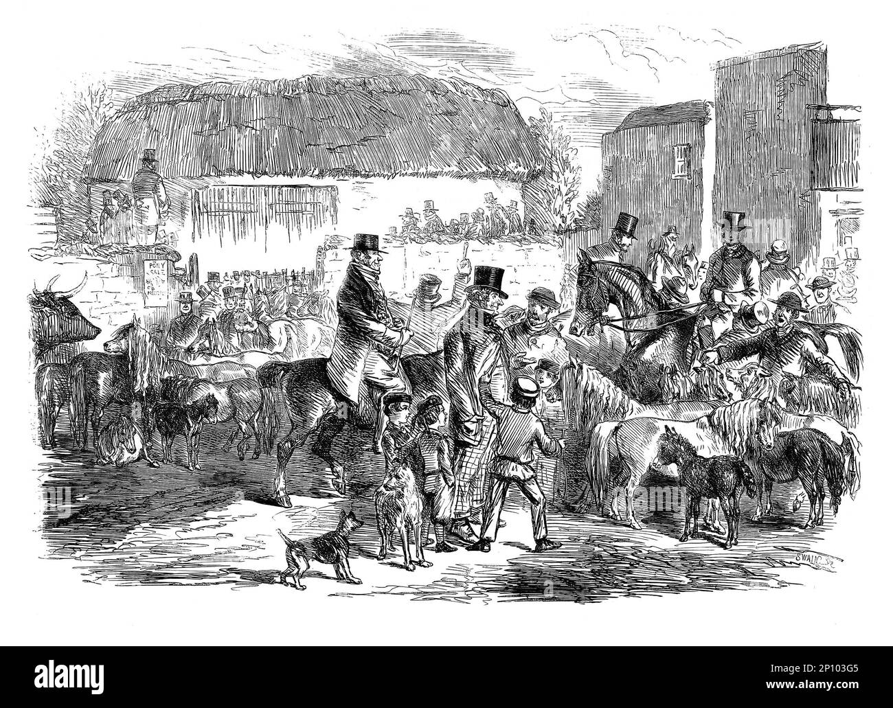 Reiter, Kunden und Käufer auf der Exmoor Pony Fair 1860 in Bampton, einer kleinen Stadt im Nordosten von Devon, England, am River Batherm. Der Jahrmarkt wurde erst wenige Jahre zuvor für den Verkauf von Ponys bekannt, als 1856 Frederick Knight begann, seine Ponys auf dem Jahrmarkt zu verkaufen. Exmoor Ponies wurden während des so genannten Herbstdrifts auf dem Moor zusammengetrieben und auf der Straße gefahren, um auf dem Jahrmarkt verkauft zu werden. Stockfoto