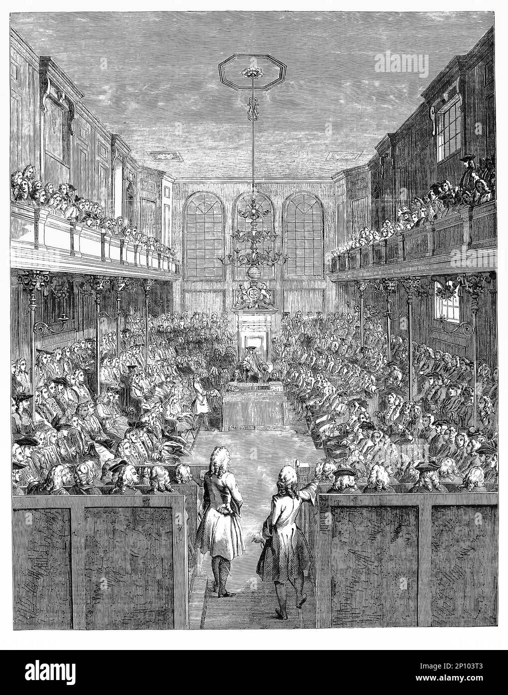 Eine Skizze der 1741-2. Sitzung des Unterhauses, des Unterhauses des britischen Parlaments. Wie das Oberhaus, das House of Lords, trifft es sich im Palace of Westminster in London, England. Stockfoto