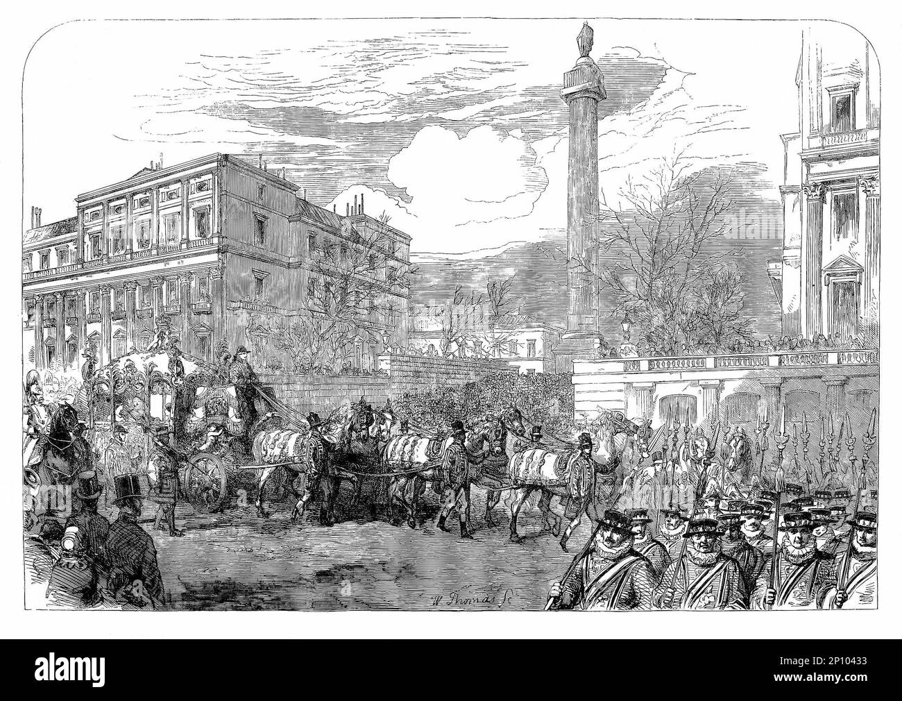 Die Kutsche von Queen Victoria auf dem Weg durch den St. James' Park zur Eröffnung des Parlaments im Jahr 1860 am Palace of Westminster in London, England. Stockfoto