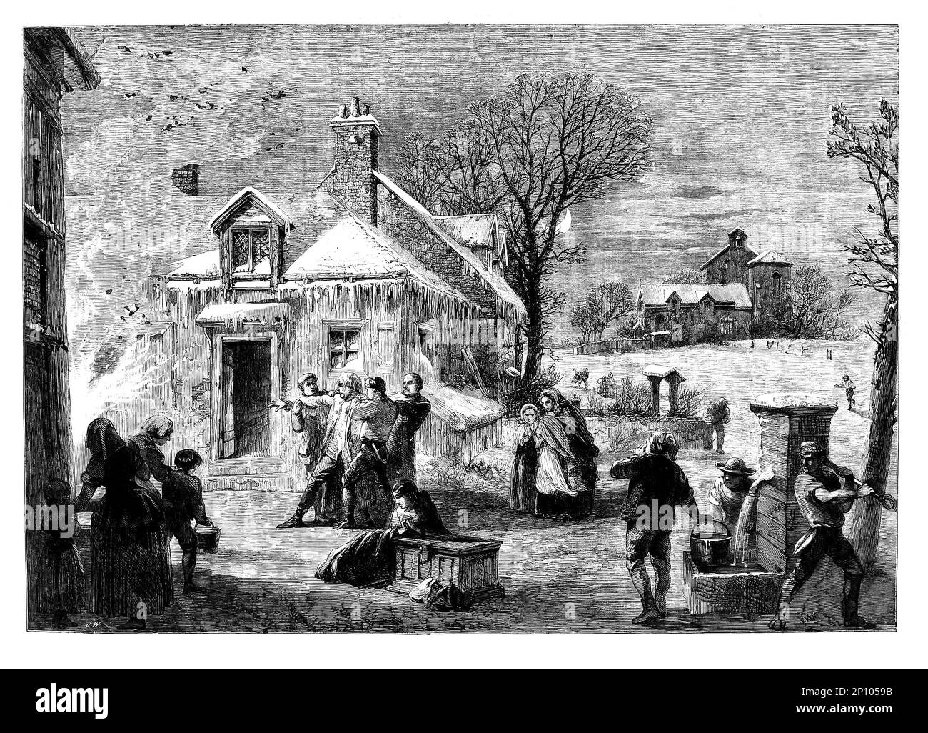 Zuschauer bei einem Hausbrand, der an einem unbekannten Ort in England am Heiligabend 1860 stattfand Stockfoto