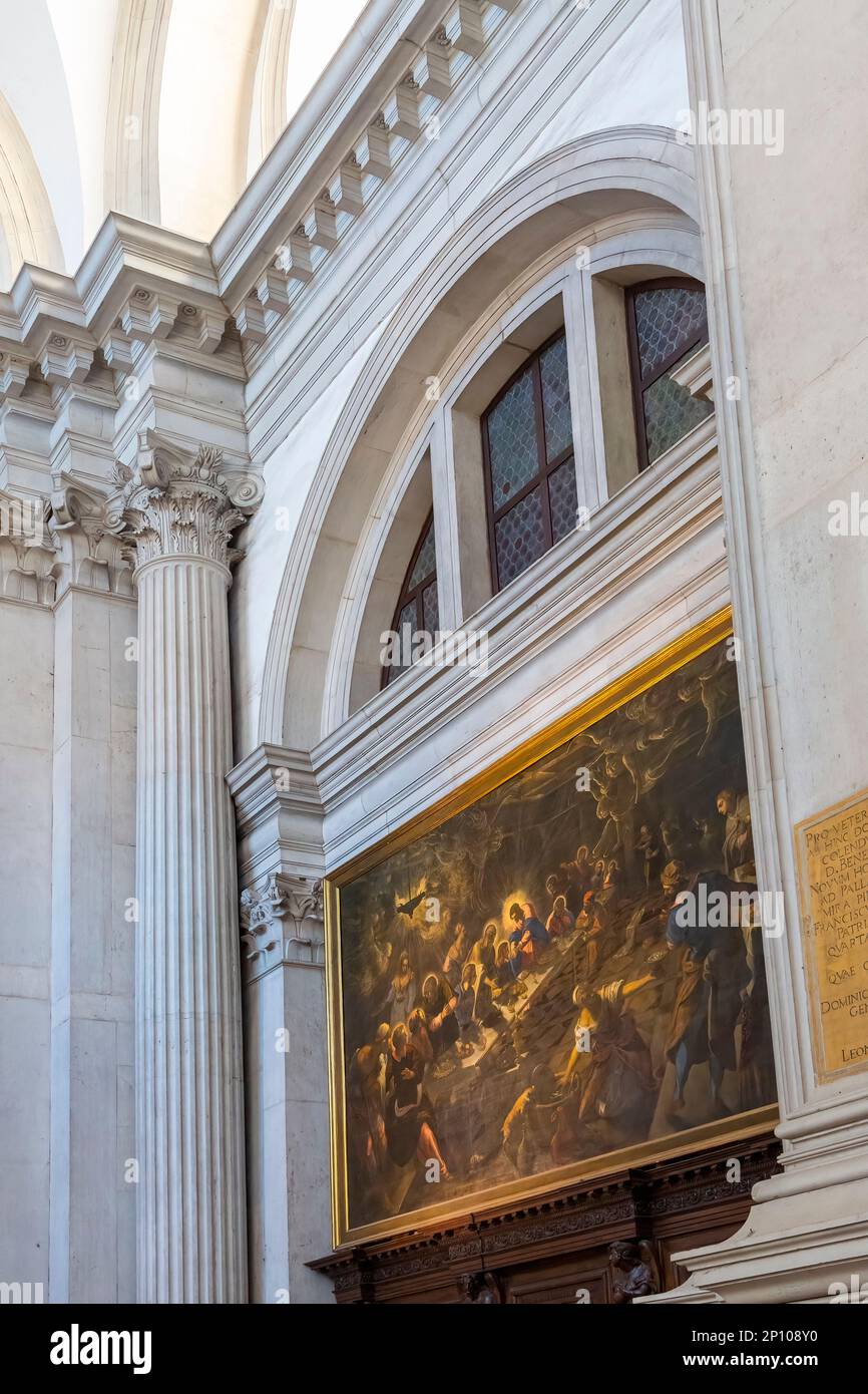 Das letzte Abendmahl von Jacopo Tintoretto 1590-1592 im Inneren der Kirche San Giorgio Maggiore in Venedig, Italien im Februar Stockfoto