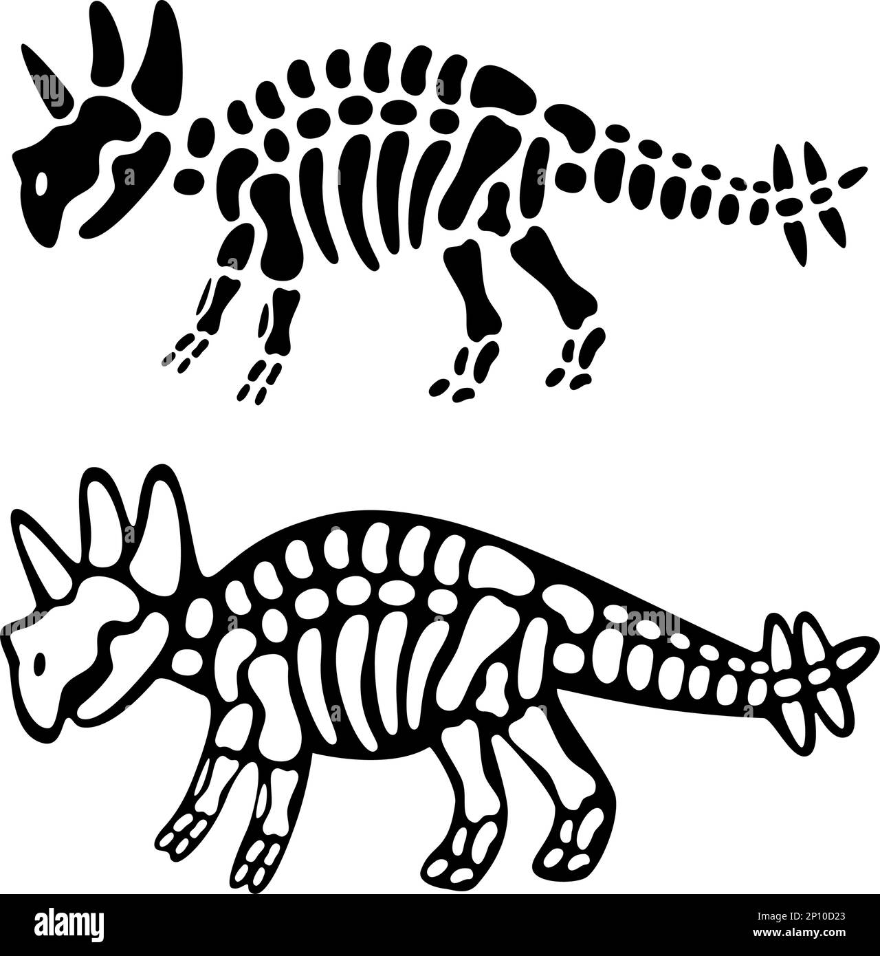 Triceratops Knochen und Schädel. Triceratops-Skelett. Prähistorische Tiersilhouette. Paläontologie und Archäologie. Prähistorische Kreatur Knochen Stock Vektor