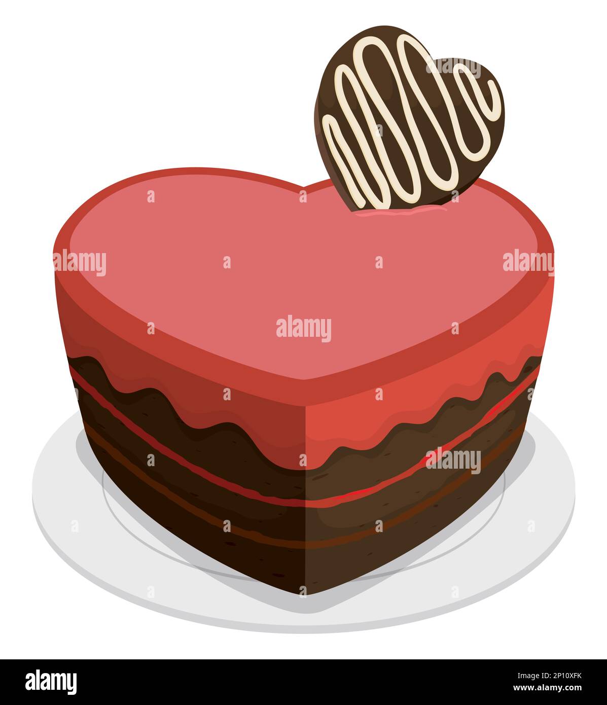 Herzförmiger Kuchen mit rotem Überzug und Schokoladenbonbons auf dem Teller. Design im Cartoon-Stil auf weißem Hintergrund. Stock Vektor